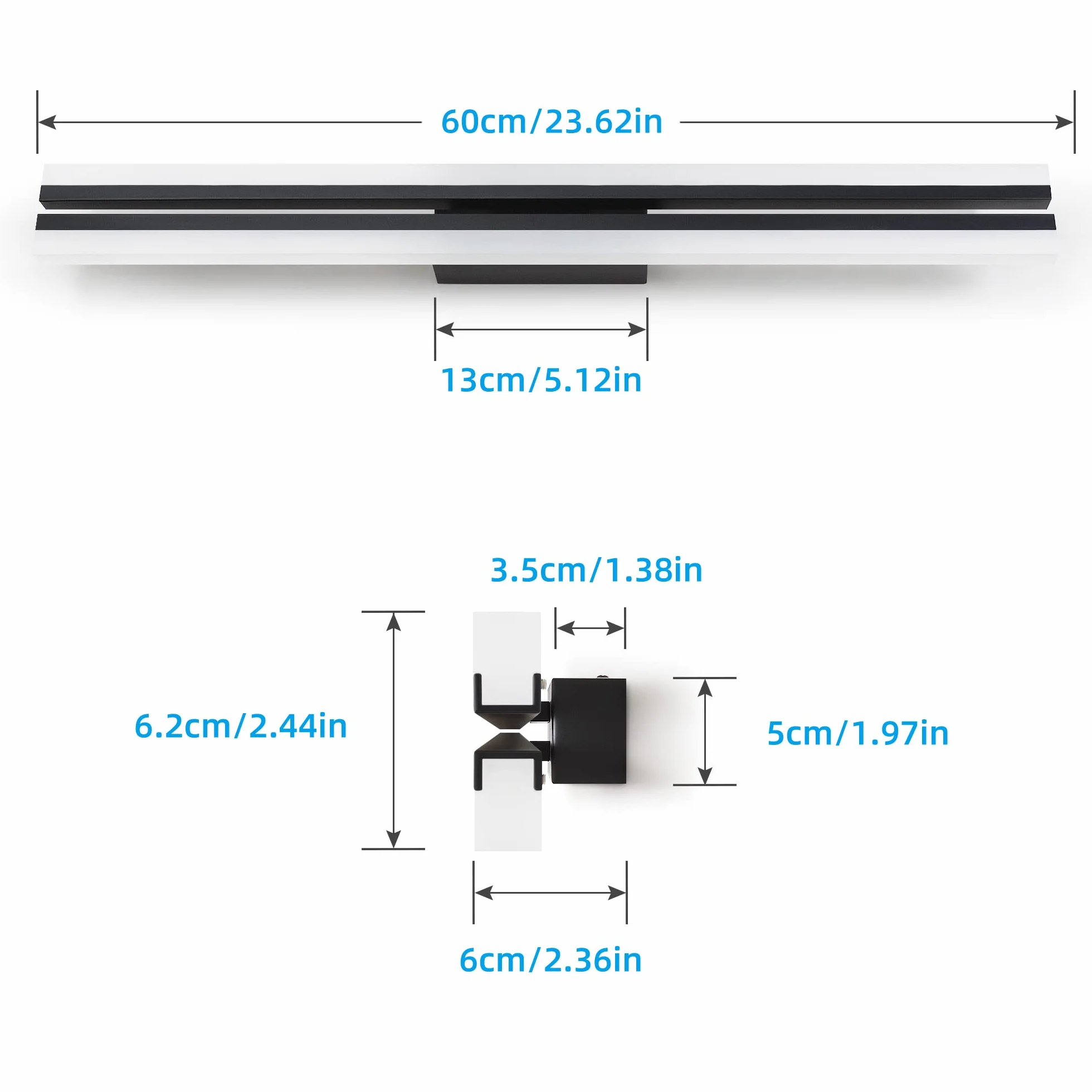 MantoLite LED Lámpara de Pared 60CM 24W IP44 6000K Negro Mate Aplique para Baño y Cuadros