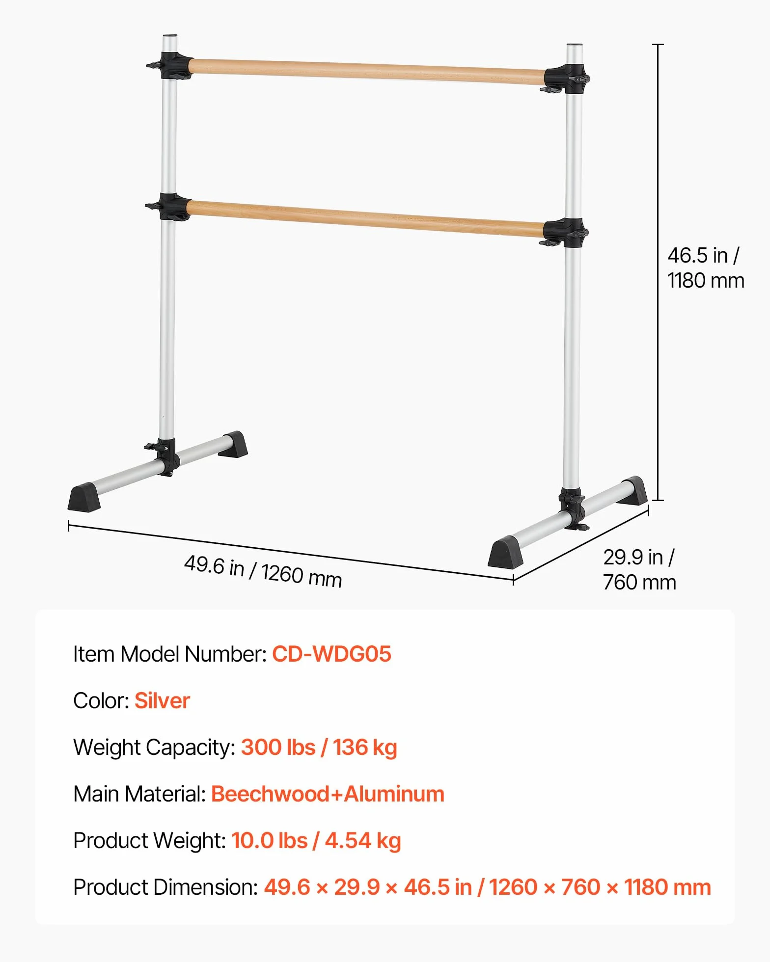 VEVOR Barra de Ballet Independiente Doble, Madera, Entrenamiento de Equilibrio, 1260x760x1180 mm, Carga 136 kg