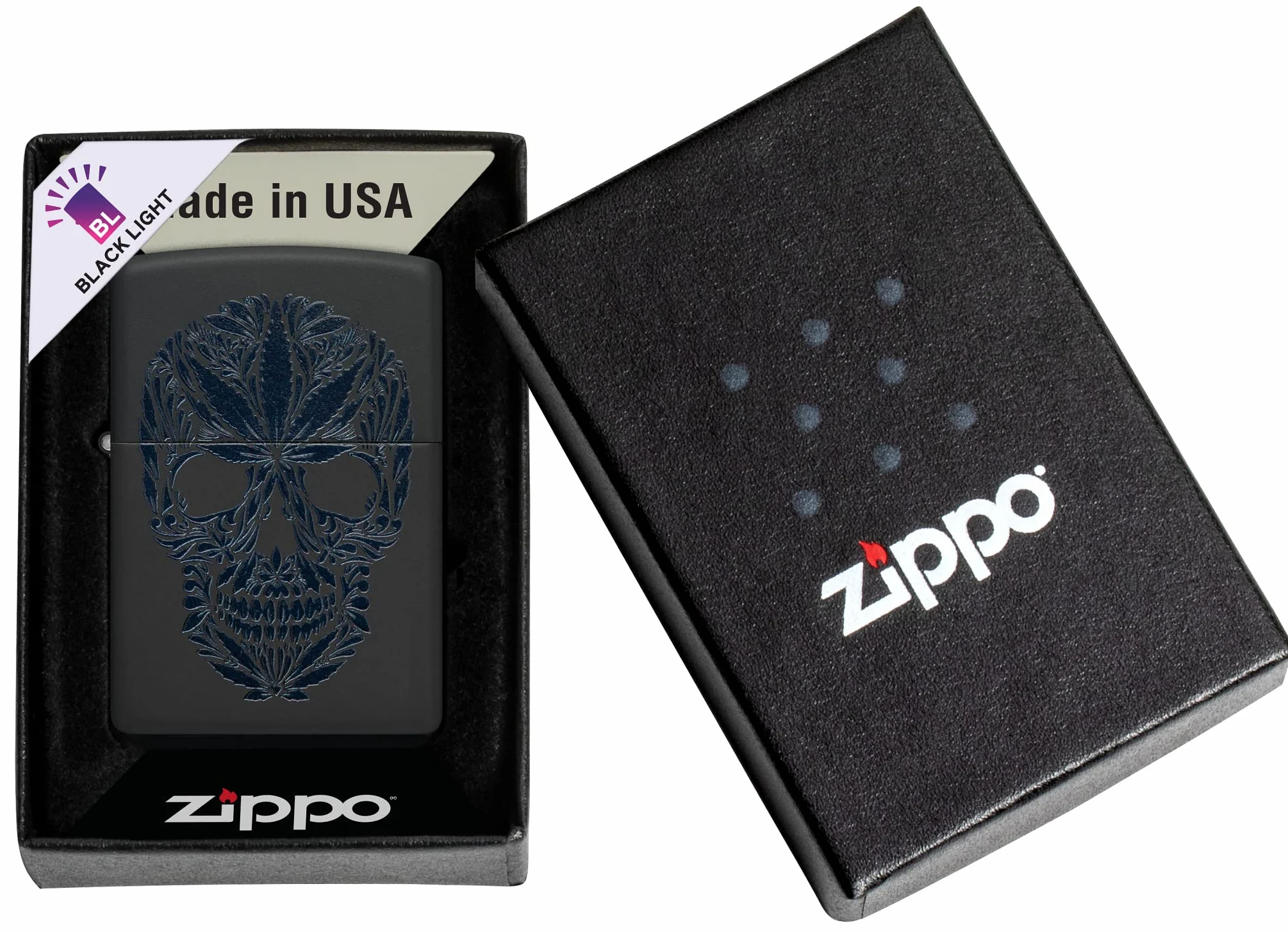 Zippo Encendedor a Prueba de Viento - Modelo Cannabis Skull - Acabado Negro Mate con Efecto Luz Negra - Recargable - Reutilizable - Diseño a Prueba de Viento - Caja de Regalo - Hecho en EEUU