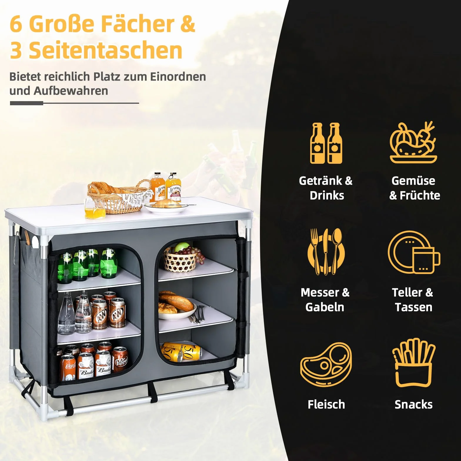 GYMAX Armario Plegable Camping, 96 x 49 x 81,5 cm, Mesa de Cocina al Aire Libre con 6 Compartimientos de Almacenamiento y Bolsa de Transporte, Cocina de Viaje para BBQ, Camping y Picnics, Gris