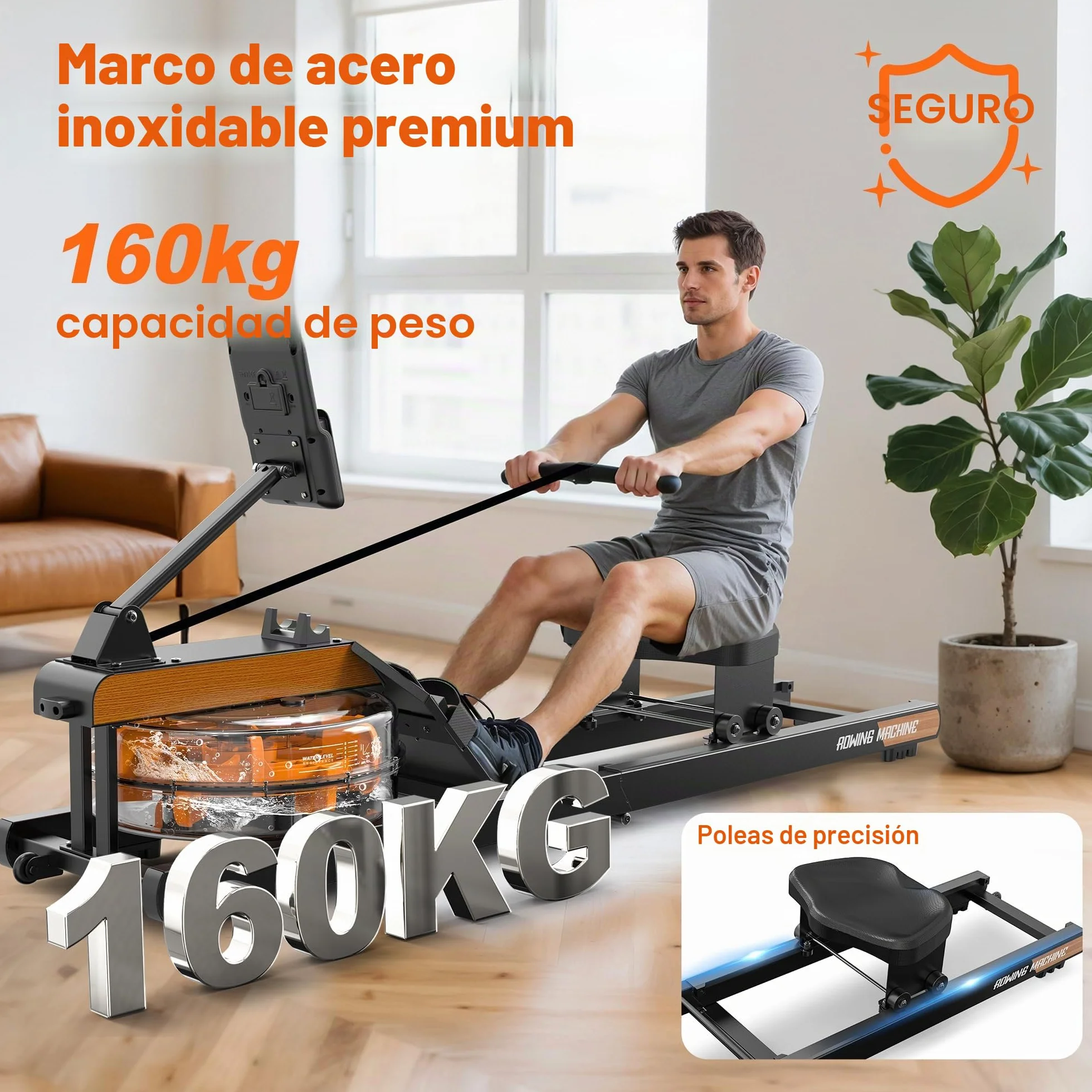 Máquina de Remo, Máquina de Remo de Agua con Monitor Bluetooth y Soporte para Tableta Ajustable, Máquina de Remo Plegable, Máquinas de Remo Capacidad de Peso 160 kg, Fácil Montaje