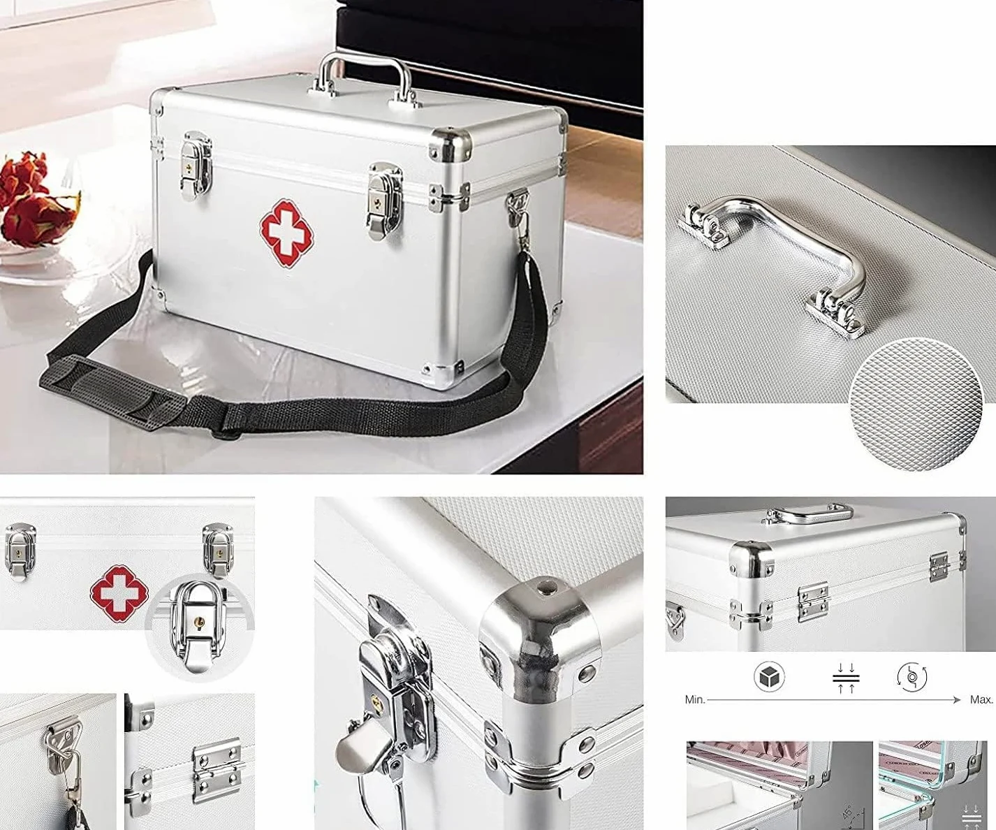 Caja De Bloqueo De Gran Capacidad, Botiquín De Primeros Auxilios, Caja Médica De Aleación De Aluminio con Cerradura, Estuche para Medicamentos, Caja De Almacenamiento De M, Silver, 10inch