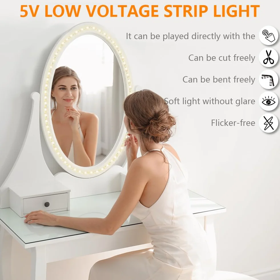 Luces LED de Espejo 2M, 3 Colores Ajustable Luz de Tocador, Lámpara para Maquillaje