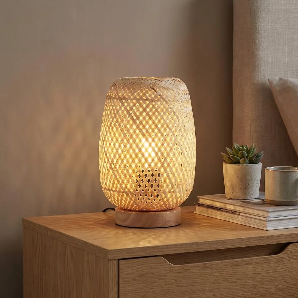 Lámpara de Mesa Mimbre Madera Ruka Barcelona LED E27 Estilo Rústico Boho Natural