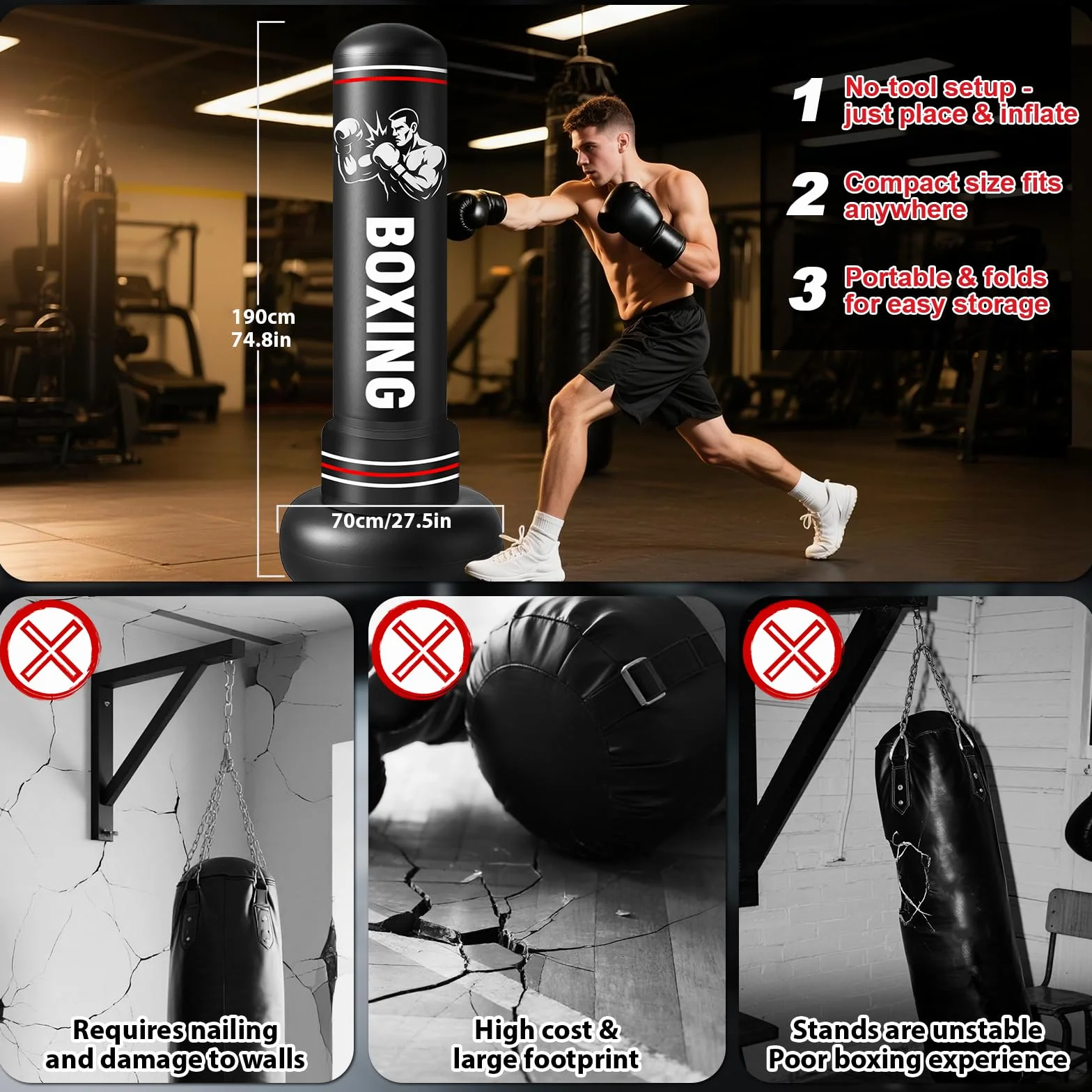 Qoosea Saco de Boxeo Adulto, 190cm Bolsa de Boxeo Inflable de Pie con Guantes, Mujeres Hombres Stand Kickboxing Bolsas, Punching Ball Estable para Karate MMA Taekwondo Thai Fitness