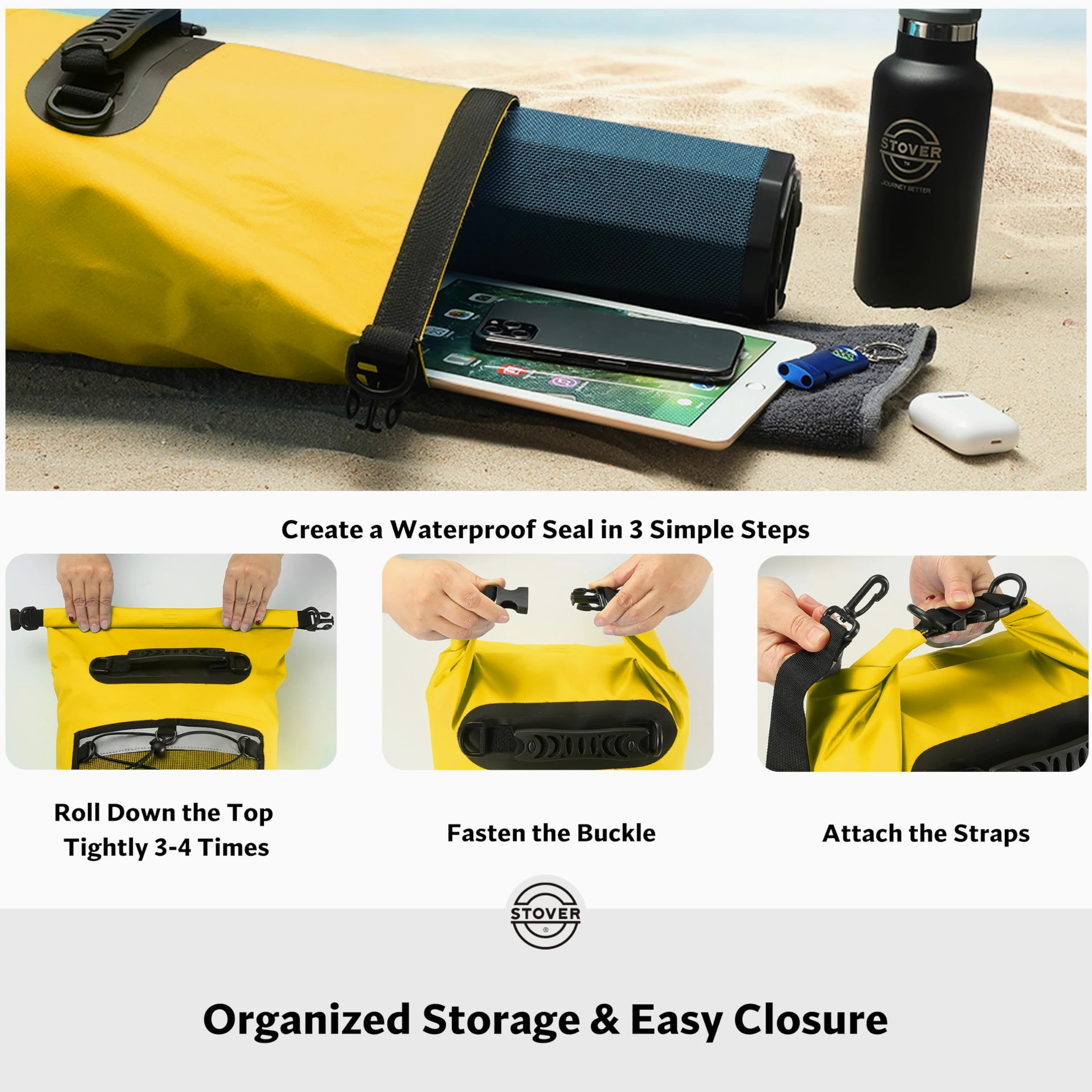 STOVER Bolsa seca impermeable de 25/30/40/55 L, mochila seca resistente con parte superior enrollable para kayak, canotaje, camping, hombres y mujeres, 25 l+ amarillo, 25L, Bolsa seca