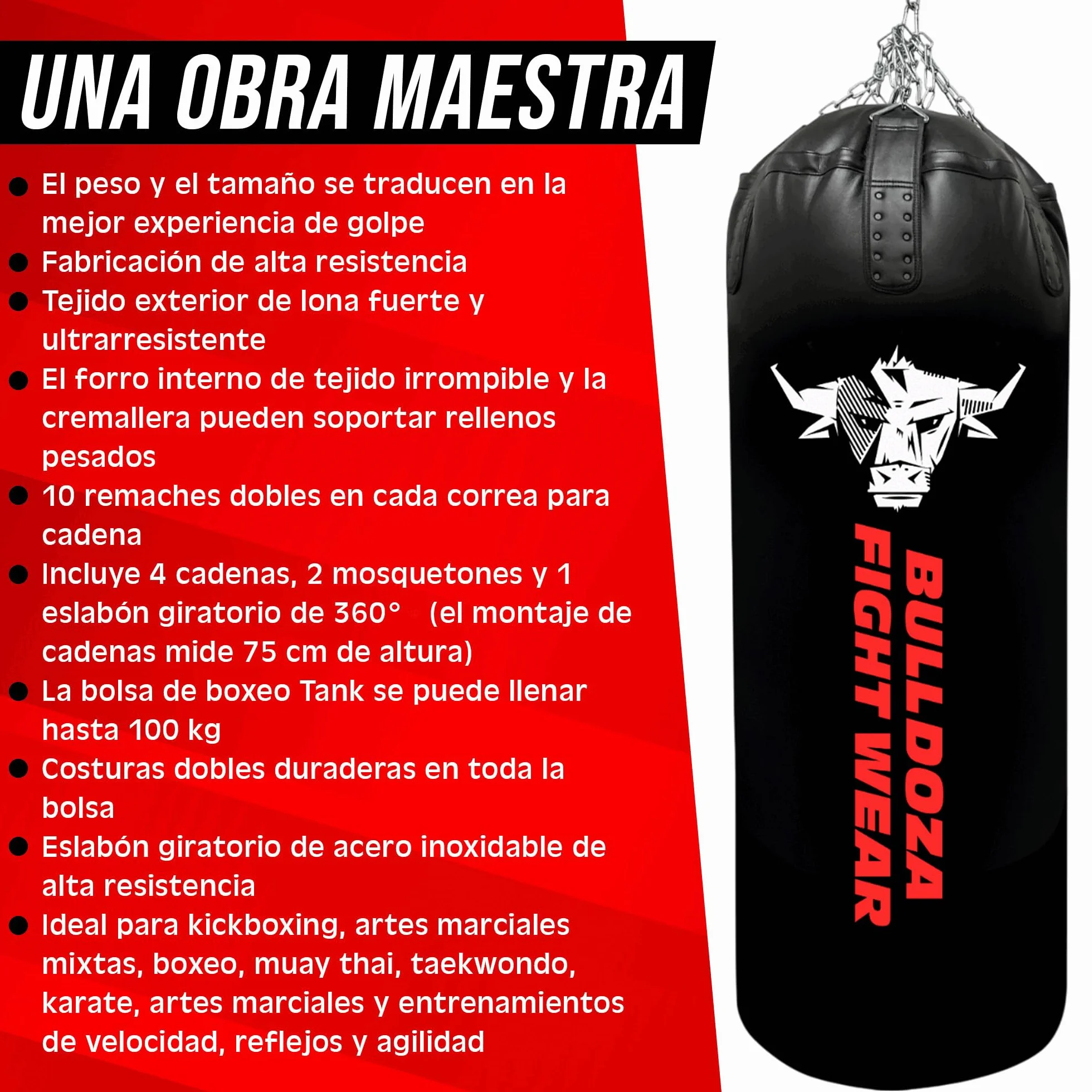 XL Tank Bull Doza Fight Wear - Saco de boxeo con cadenas colgantes, giratorio, mosquetones, bolsa de boxeo