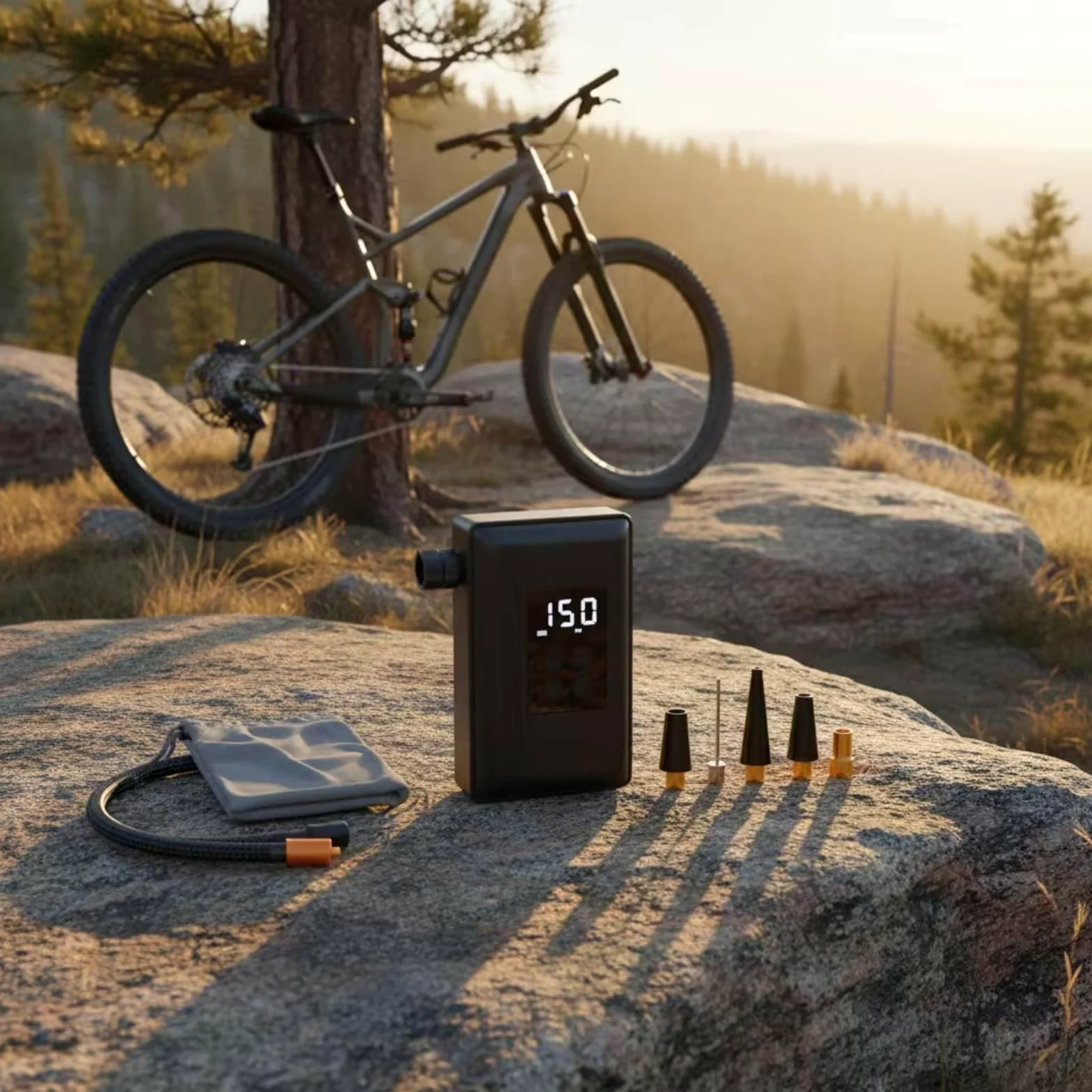 Bomba de Aire para Bicicleta Inflador Eléctrico Portátil Compresor Inalámbrico con Batería Recargable Pantalla Digital y Boquillas para Balón