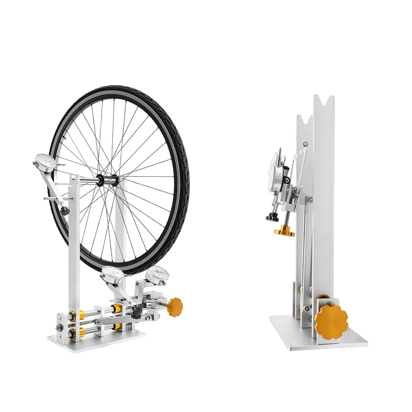 Herramienta Profesional para Centrar Llantas con 3 Medidores, Soporte de Alineación de Ruedas de Bicicleta para Eje Pasante y Eje de Liberación Rápida, para Ruedas de 16 a 29 Pulgadas(Gold)