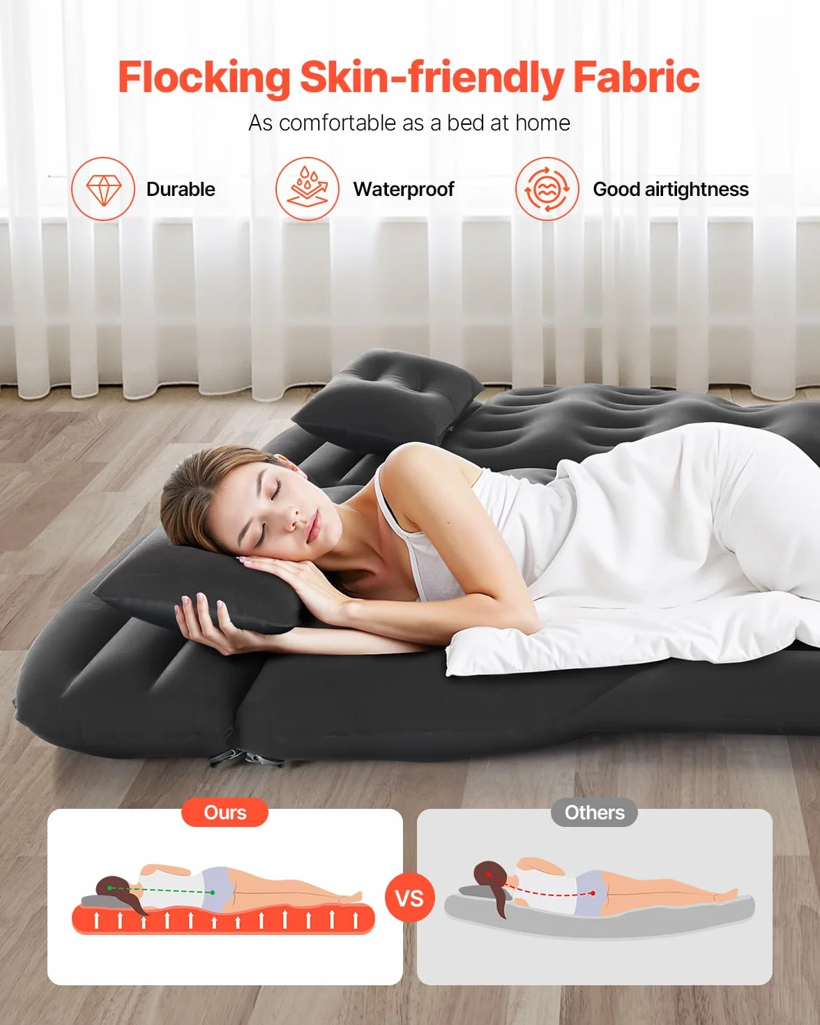 VEVOR Colchón Inflable de Camping para Coche, Grueso y Aterciopelado, Duradero con Bomba de Aire, 2 Almohadas, Boquilla y Bolsa de Transporte, para SUV, MPV y Sedán, Negro, 1750 x 1330 x 150 mm