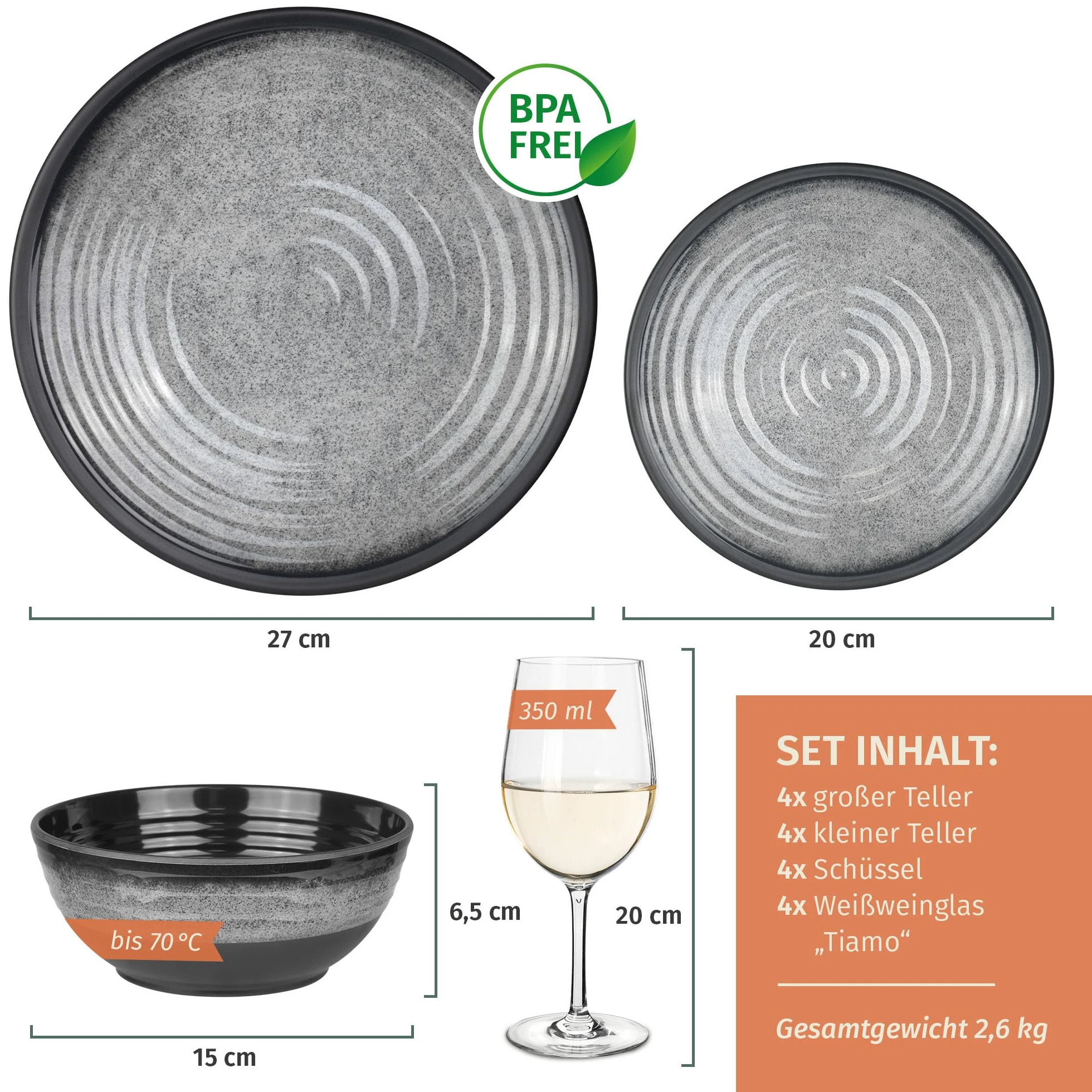 Vajilla de melamina para camping, 4 personas, color gris piedra + 4 vasos de vino blanco Tiamo vajilla de mesa de picnic barbacoa