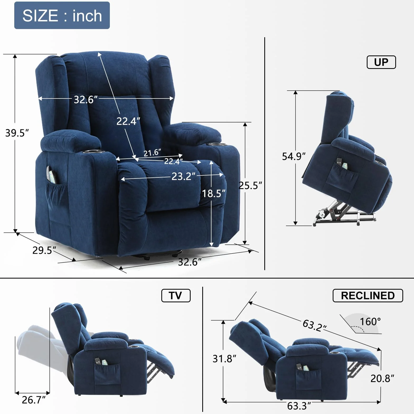 COMHOMA Sillón Relax Masaje Reclinable Eléctrico de Tela con 8 Puntos de Masaje Vibrante, Poltrona Reclinável Azul