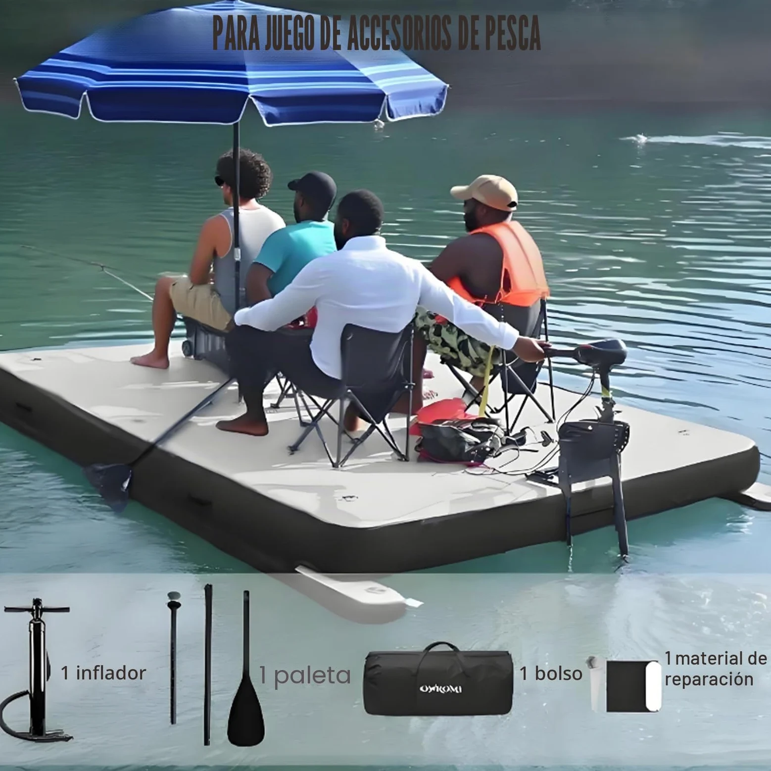 Pontón flotante inflable de alta capacidad 200 kg espesor 30 cm con hélices para pesca y actividades acuáticas al aire libre
