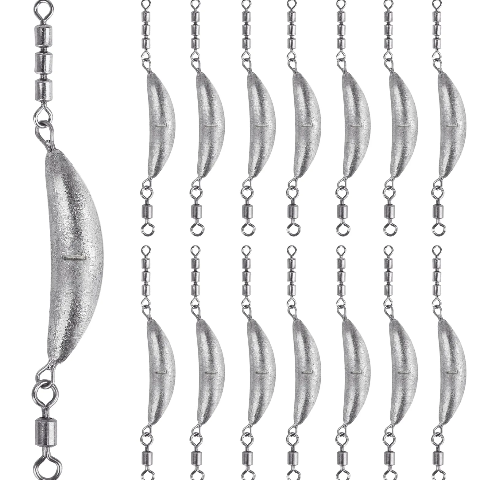 THKFISH Plomo giratorio de pesca, plomos de media luna con 3 rodillos giratorios, plomos de pesca, juego de pesas de pesca en línea, plomos de torpedo, agua dulce salada, 1/2-6 onzas, plateado