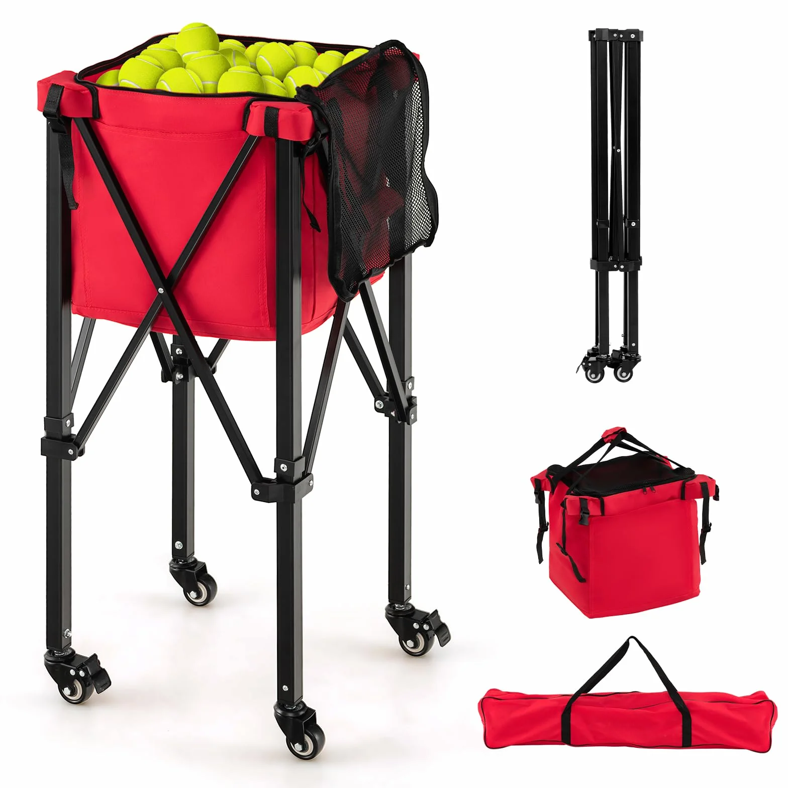 COSTWAY Carro Plegable para Pelotas de Teni, Carrito Recogepelotas, Cesta Ligera de Aluminio con Ruedas para Pelotas de Tenis, Bolsillos Laterales/Bolsa de Transporte,150 Pelotas