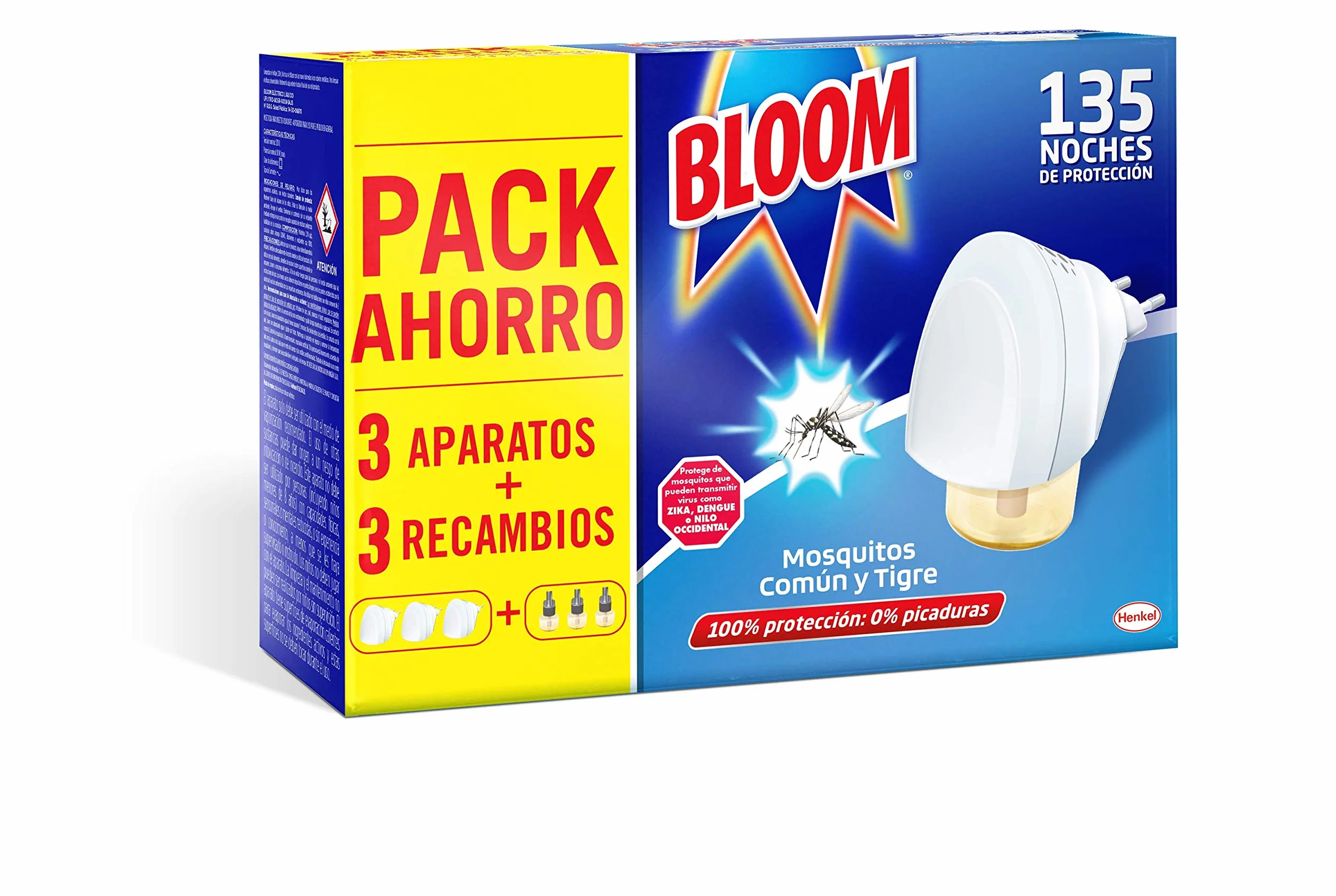 Bloom Insecticida Eléctrico Líquido 6 en 1 Antimosquitos 3 Aparatos + 3 Recambios 135 Noches