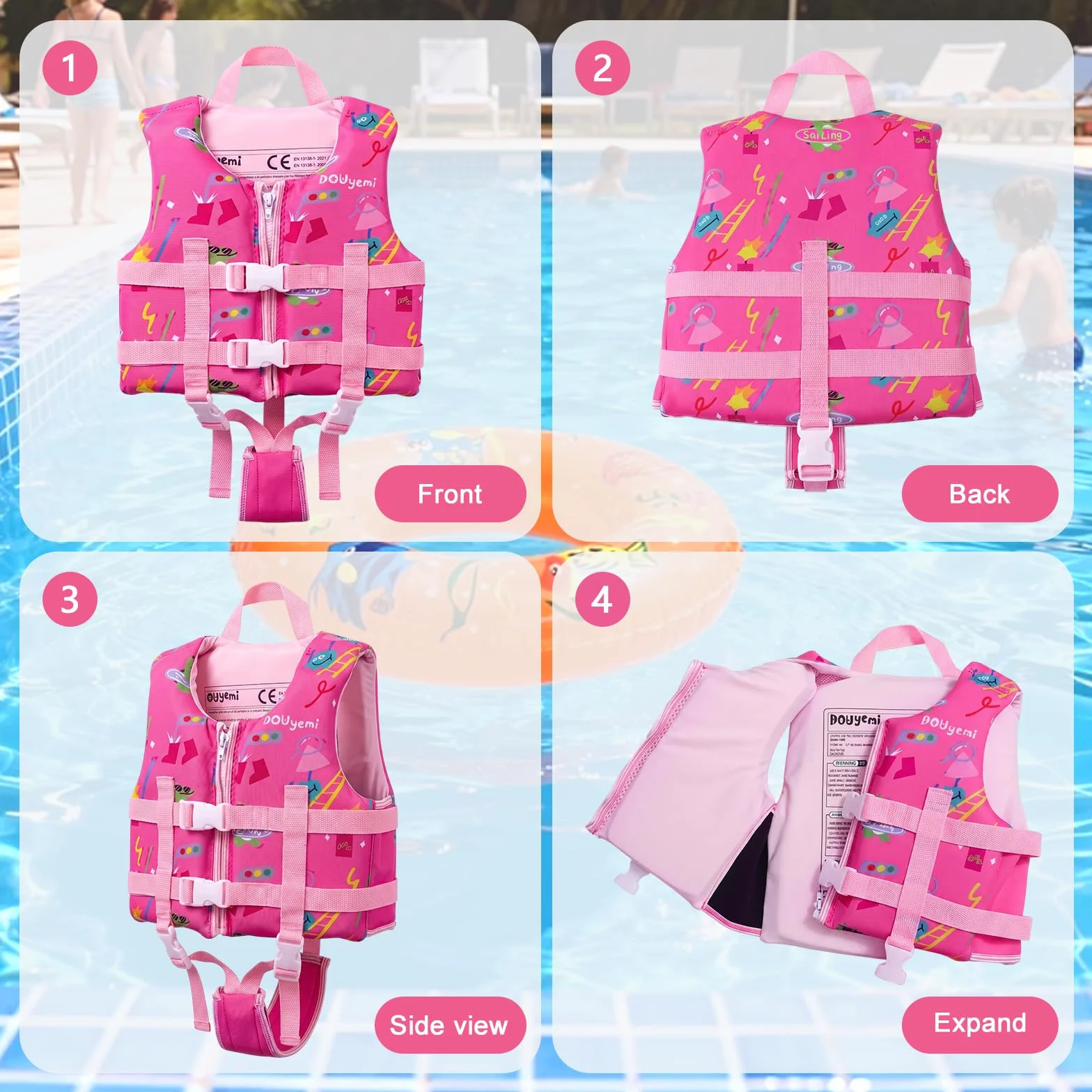 Chaleco de Natación para Niños Chaleco Flotador Bebe Kids Swim Vest Float Jacket, Chaleco de Piscina con Tirantes Dobles Ajustables, Ayuda de Natación a Partir de 2 a 3 Años para Niños