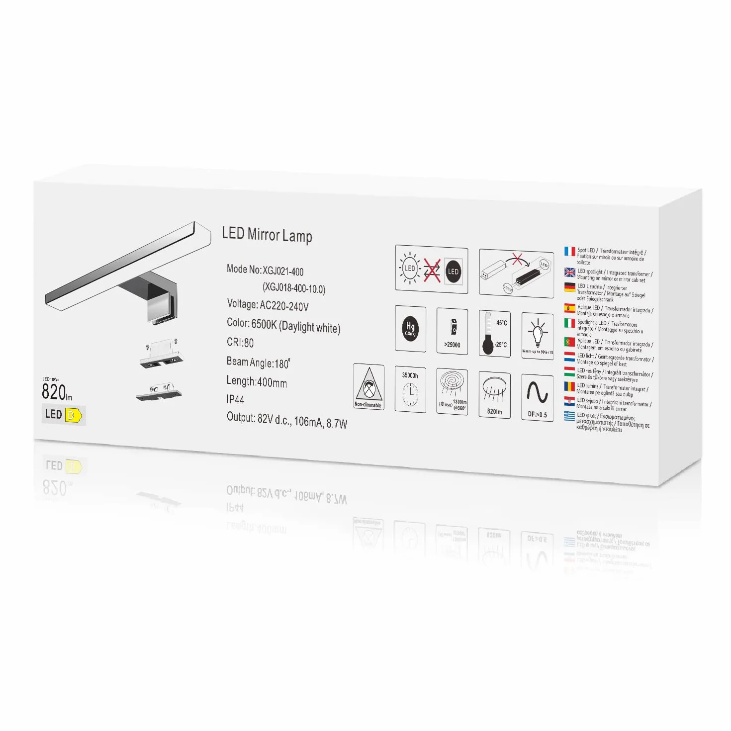 Lámpara de Espejo Baño 40 cm 10W 820LM 230V IP44 Clase II Blanco Neutro 6000K