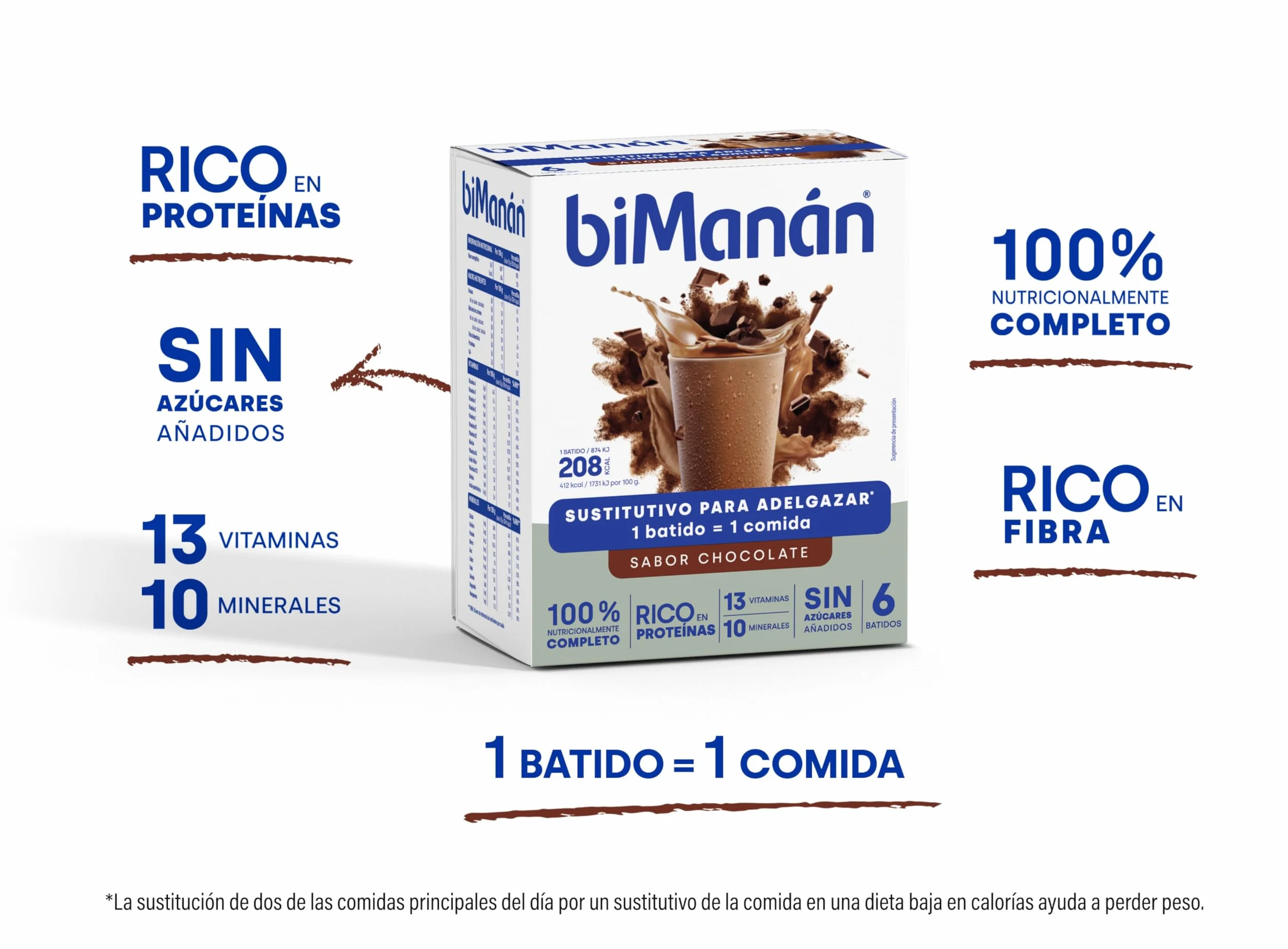 biManán Batido de Chocolate Sustitutivo de Comidas para Adelgazar 6 x 50 g 300 g
