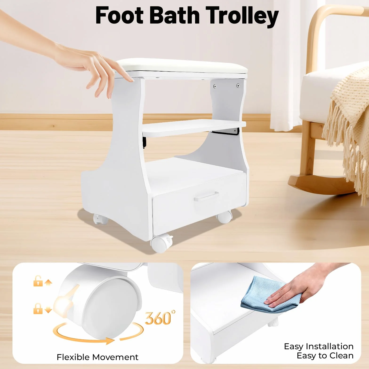 Taburete de Pedicura con Ruedas Reposapiés Blanco para Salón de Belleza