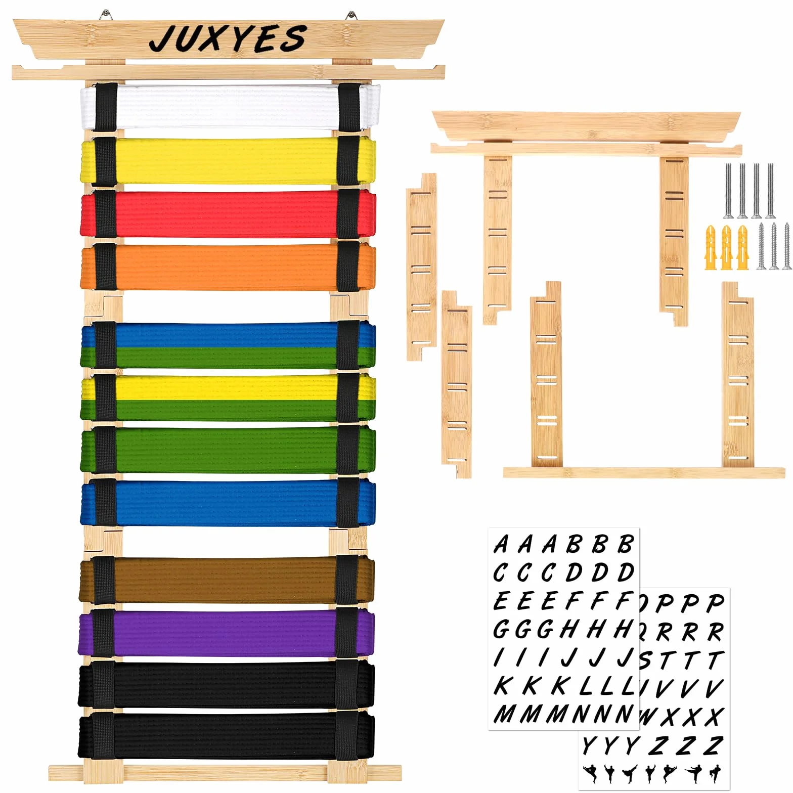 JUXYES Organizador de cinturones de artes marciales para pared 8-12 cinturones, soporte de bambú para karate