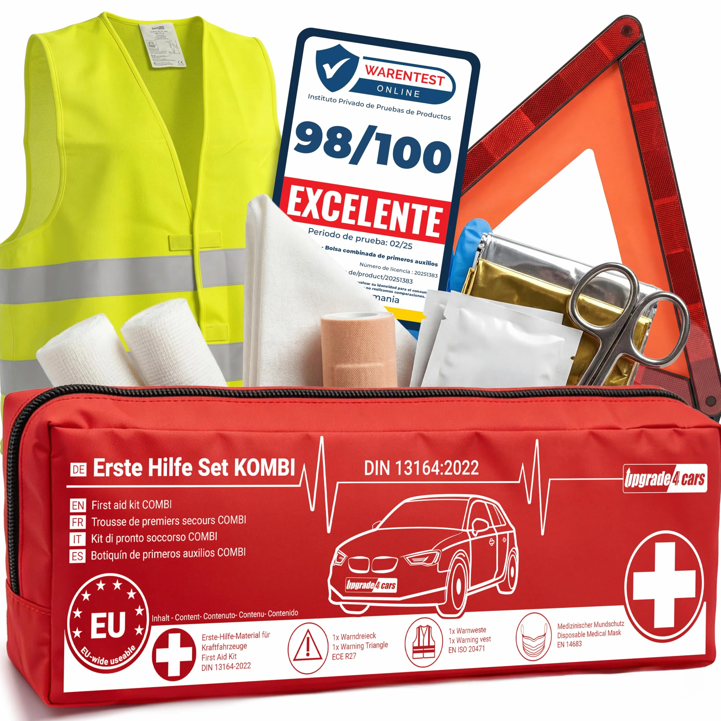 Upgrade4cars Botiquín de Primeros Auxilios Coche 2026 Triángulo Emergencia Chaleco Reflectante DIN 13164