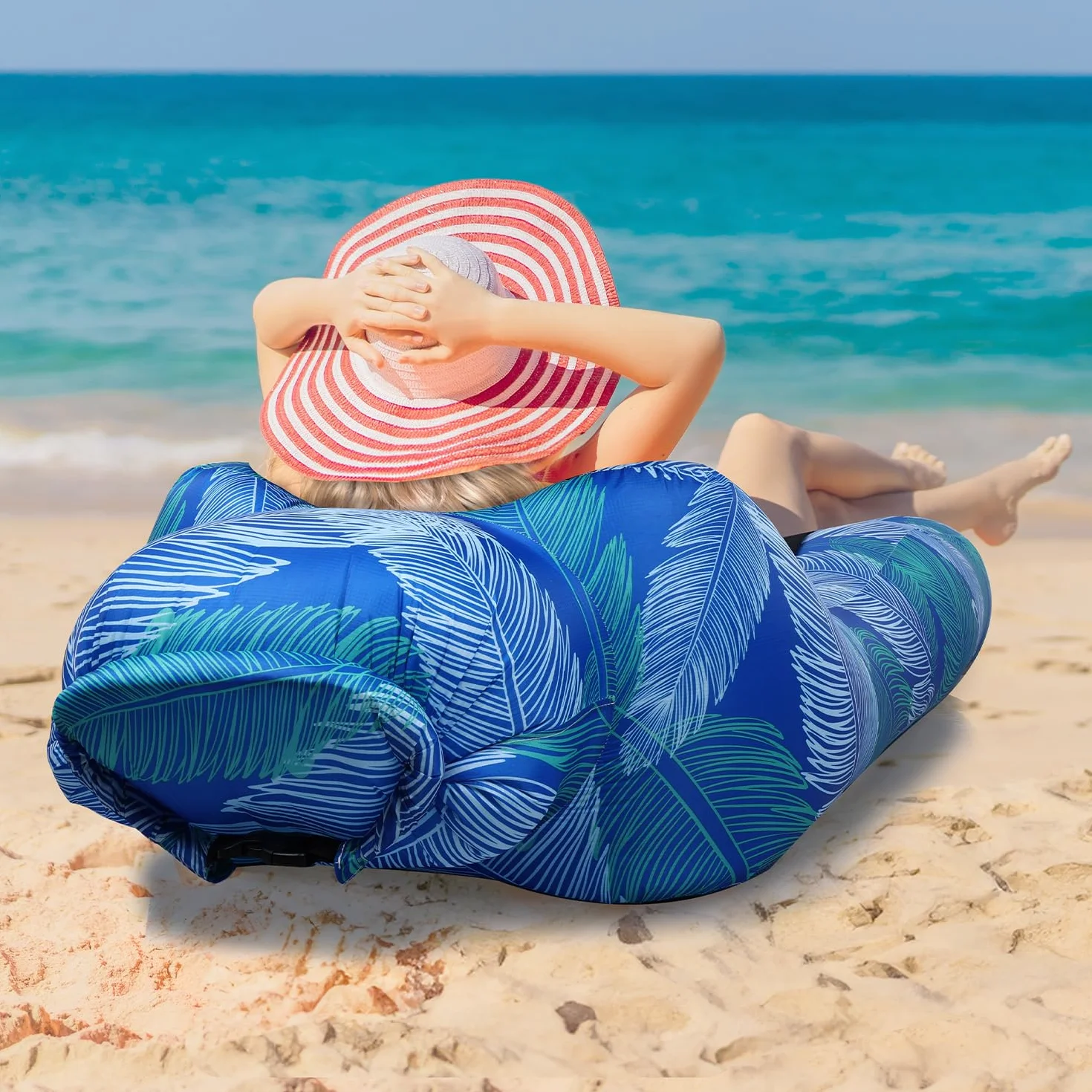 Tumbona inflable ligera y portátil, con respaldo de malla, sofá impermeable para acampar, playa, piscina, festival de música, azul Klein