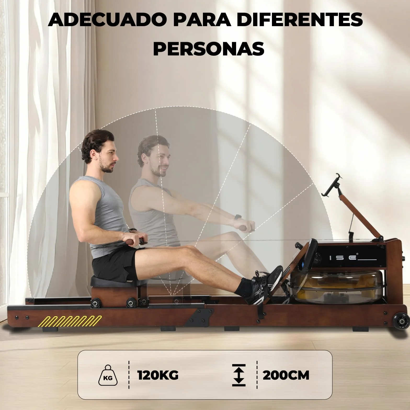 ISE Máquina de Remo de Agua de Madera de Roble, Remeros de Casa con Bomba de Agua Manual, Pantalla LED Ángulo Ajustable, App, Soporte para Tableta