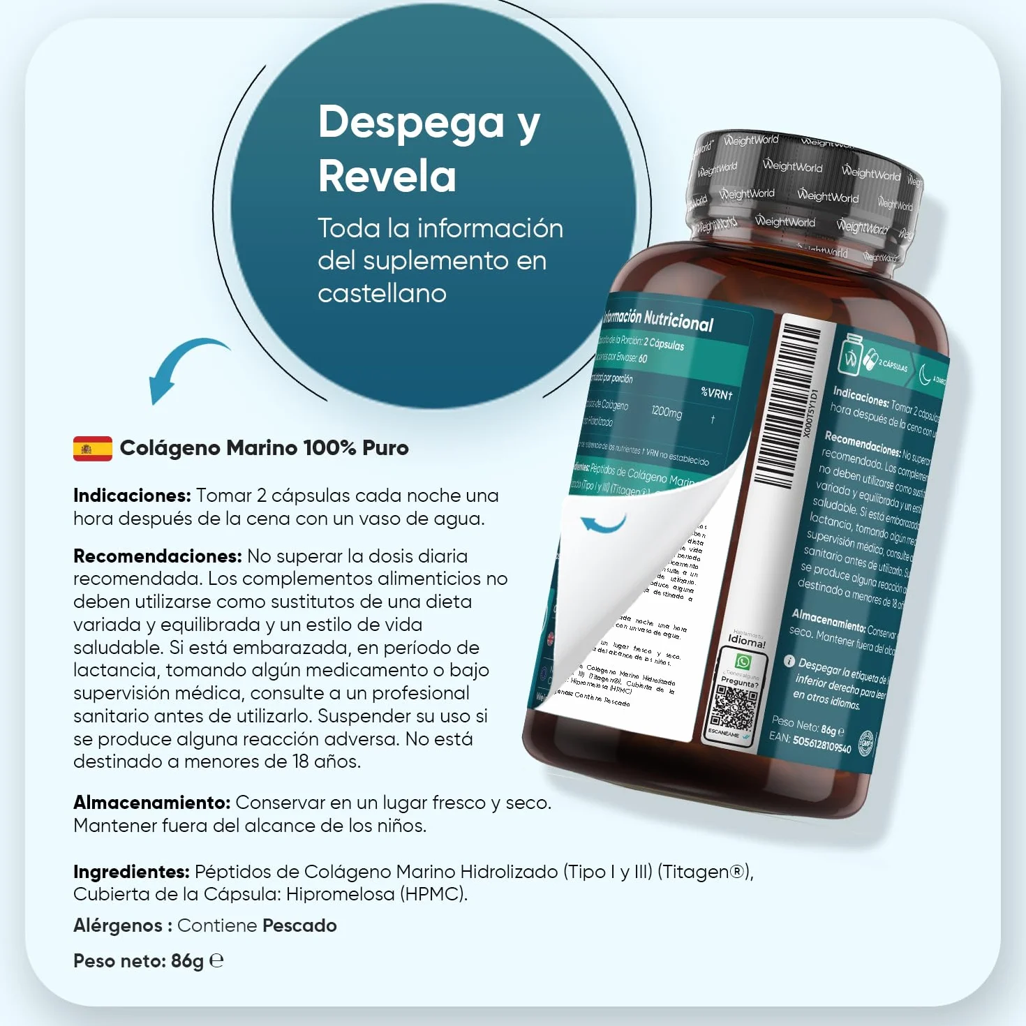 Colágeno Marino Hidrolizado 100% Puro 1200 mg - 120 Cápsulas de Péptidos de Colágeno de Pescado Hidrolizado Tipo I y III