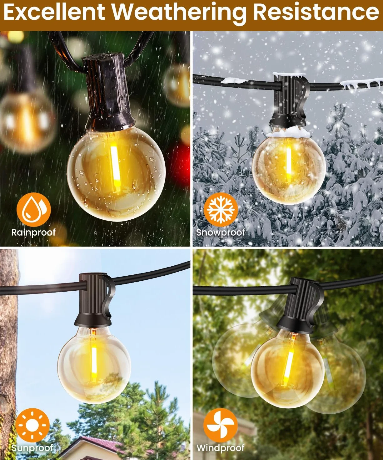 Rintea Guirnalda Luces Exterior 20M 66FT 30+2 Bombillas Blanco Cálido 2700K IP44 Impermeable LED Jardín