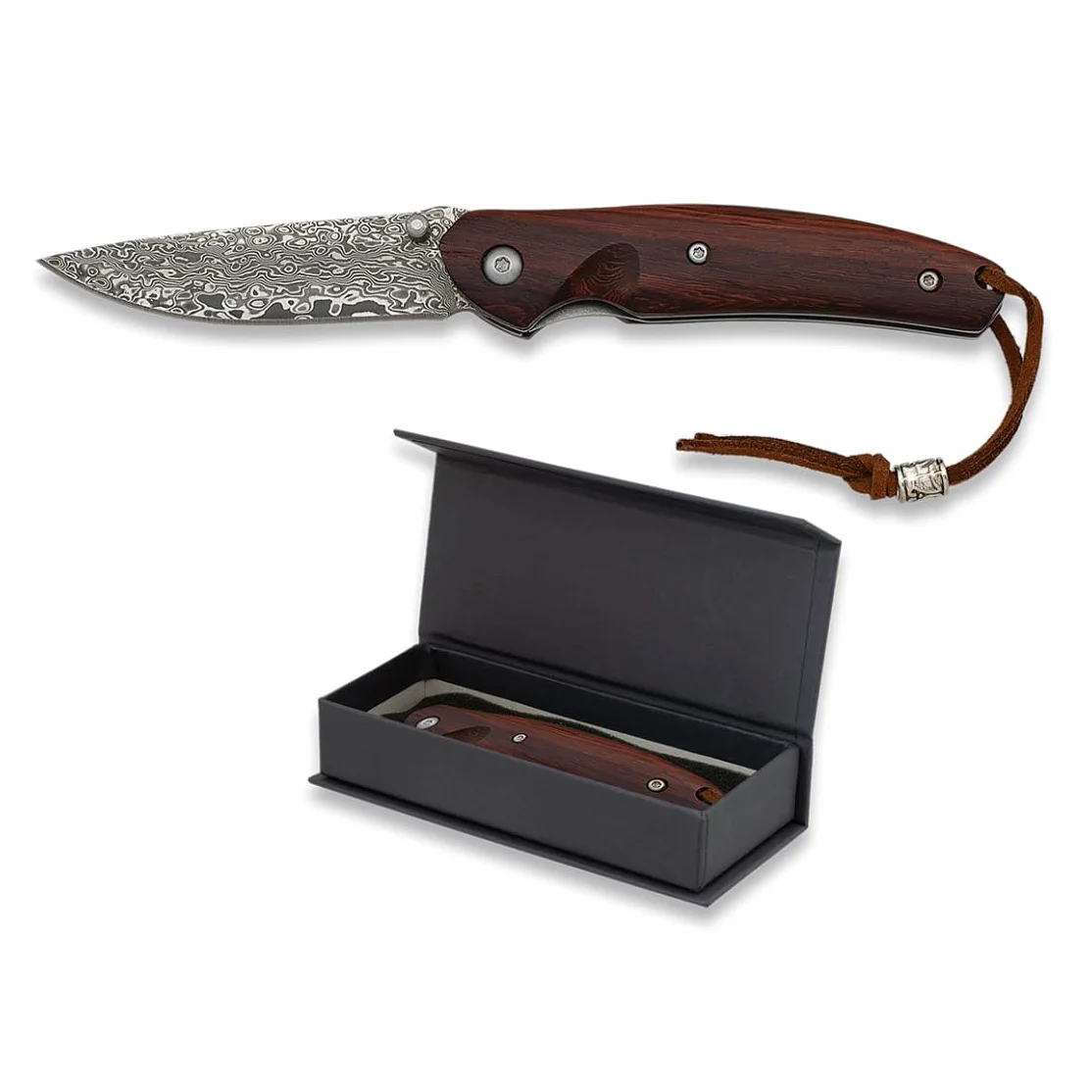 DAMASCO de Acero inoxidable 7cm con empuñadura de madera | Navaja plegable de bolsillo ideal para aire libre, senderismo y camping | Cuchillo 18719