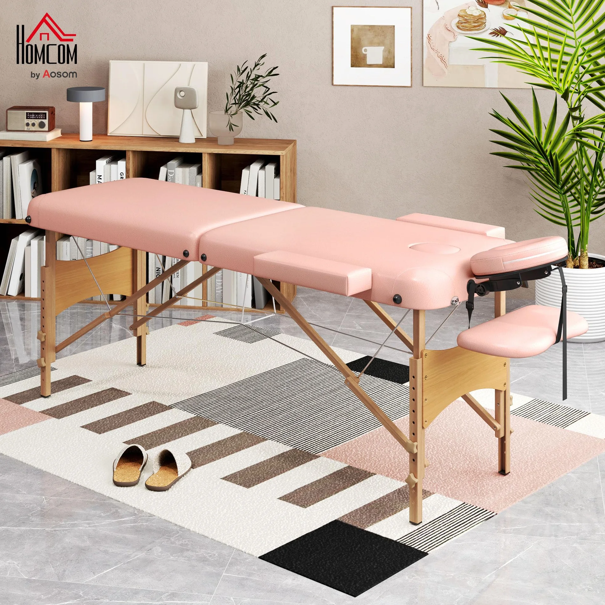 HOMCOM Camilla de Masaje Plegable 210x81 cm Profesional con Reposacabezas Extraíble y Altura Regulable Rosa