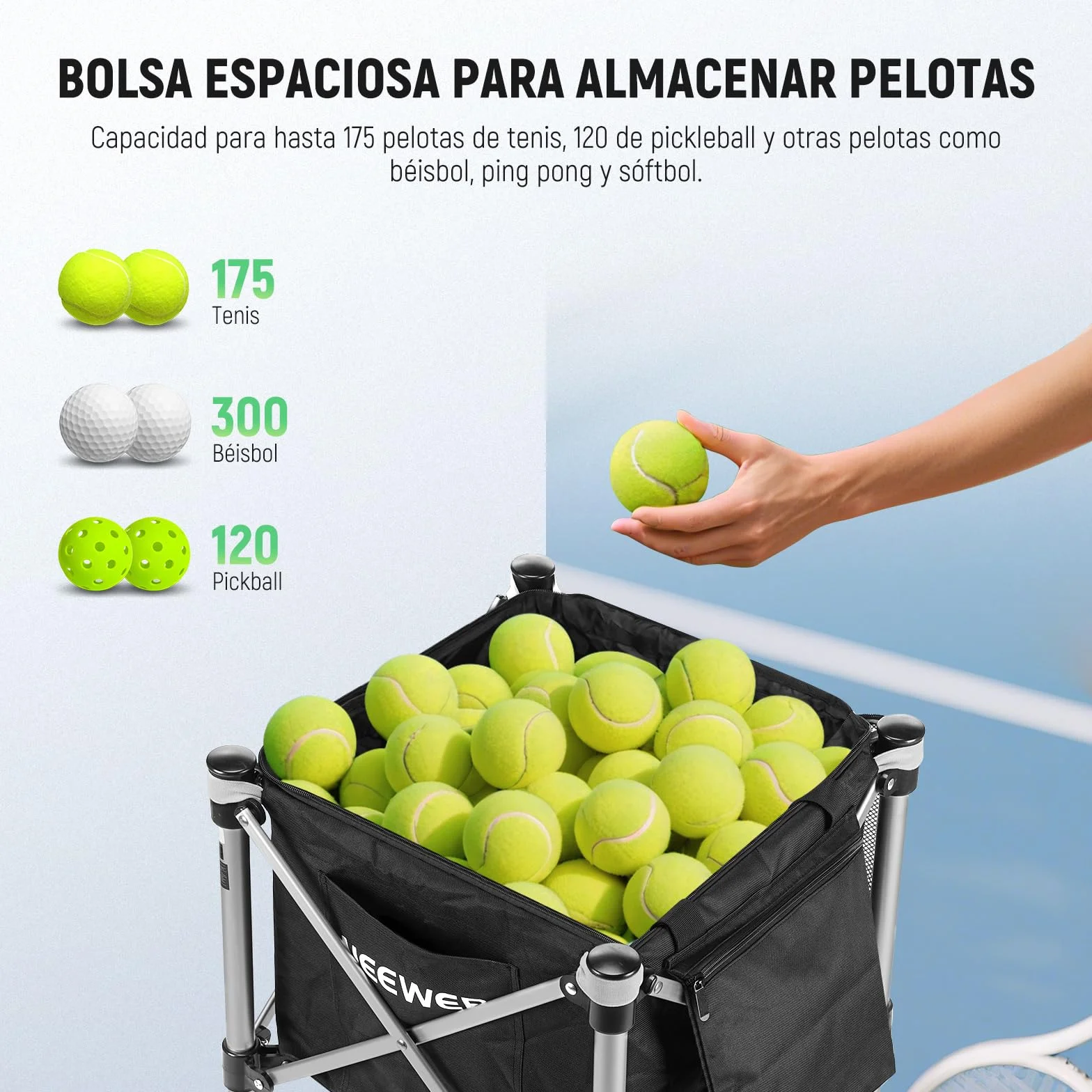 NEEWER Contenedor de Pickleball con Ruedas, Plegable Poliéster Picker Upper Hopper Carrying Basket Cart Holder con Bolsillo Lateral