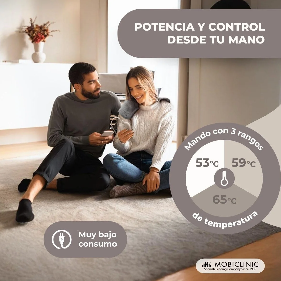 Mobiclinic, Almohadilla eléctrica, Térmica, Manta, 3 niveles de calor, Bajo consumo, Apagado automático, Potencia 100w, Esterilla, Marca española, Para espalda, Lumbares, 40x30 cm