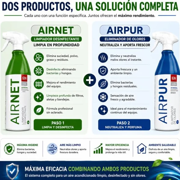 Bilake Pack AIRNET + AIRPUR Limpiador de Aire Acondicionado Spray 750ml Elimina Bacterias Hongos Malos Olores