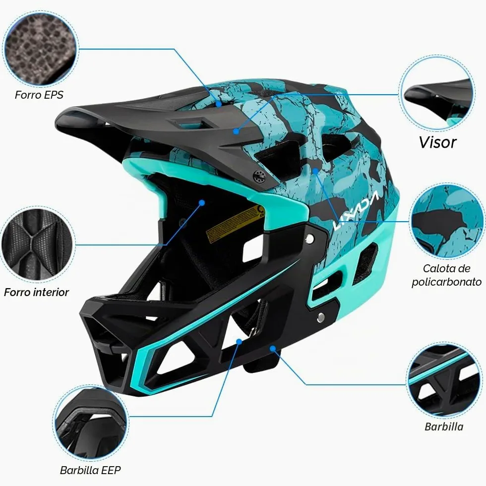 Lixada Casco Integral de Bicicleta de montaña para Adultos Racing Downhill MTB Casco para Hombres/Mujeres Casco de Bicicleta de montaña para Adultos de la Cabeza de 59-61 cm Casco de Bicicleta