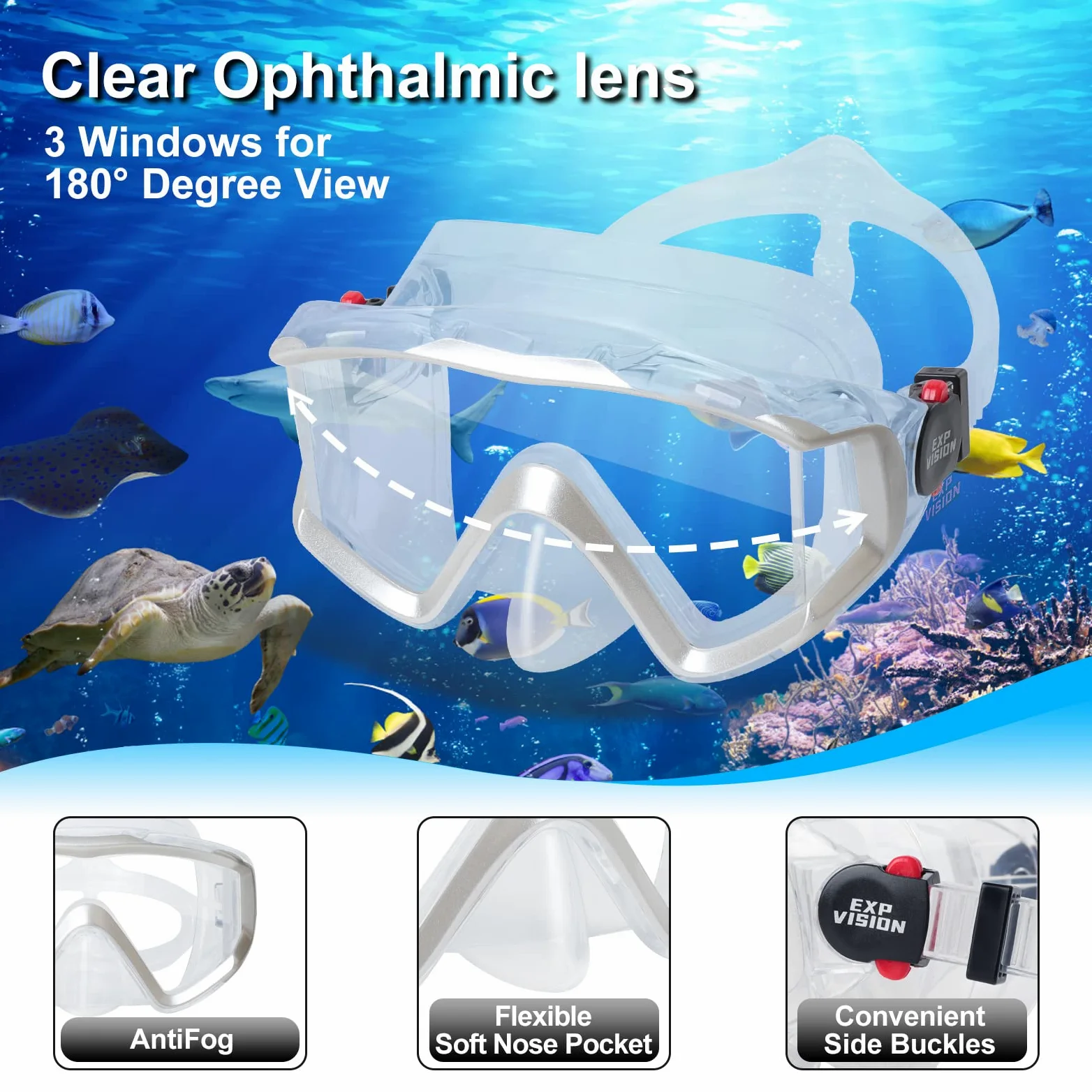 Pano - Juego de esnórquel de 3 ventanas para adultos, gafas de esnórquel profesionales, máscara de buceo antivaho, gafas de natación antifugas y esnórquel de parte superior seca para buceo, esnórquel
