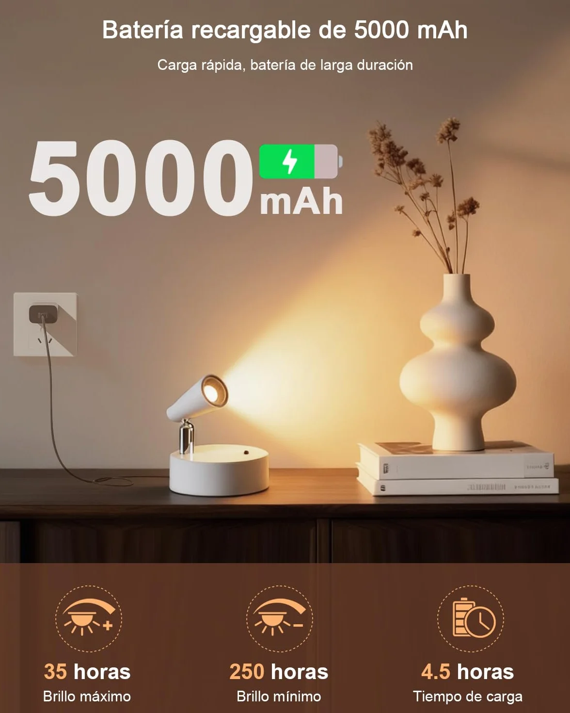 Lámpara de pared LED Recargable 5000mAh 2Pack USB 350° Giratorio 3 Colores Control Remoto Táctil