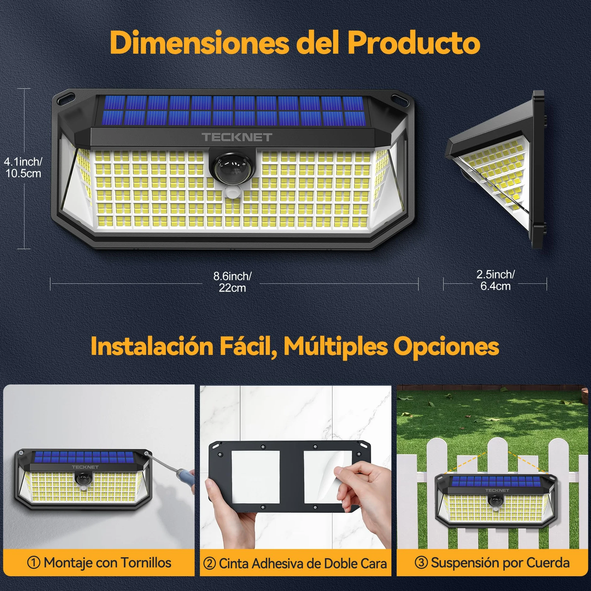 TECKNET Focos Led Exterior Solares, 4200lm 416 LED, 300° Movimiento, 3 Modos, IP66, 2 Paquete