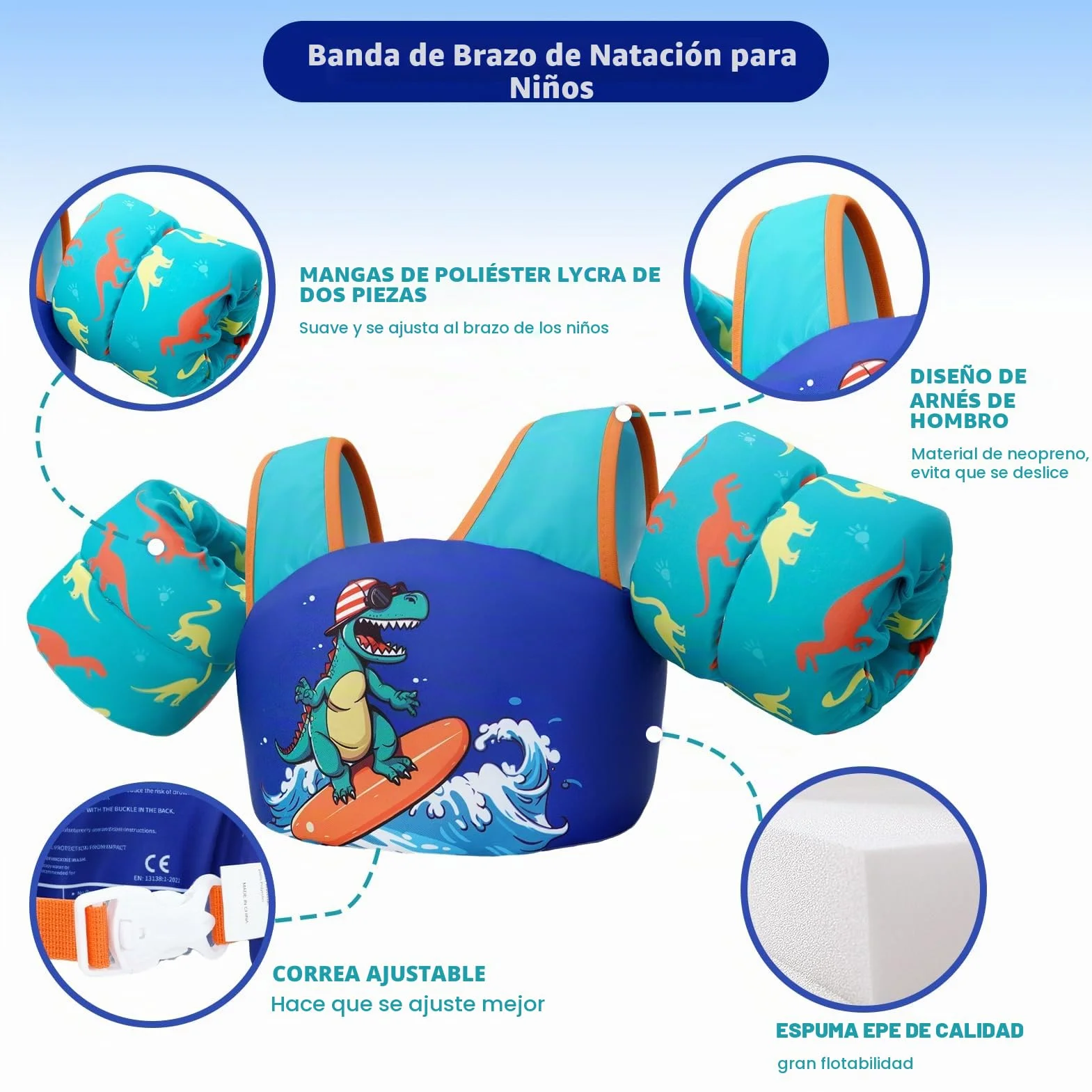 Zeraty Chaleco de natación Infantil Niños Flotadores Los niños nadan Brazo Banda con arnés de Hombro Brazo Alas, Natación Ayudas Chaqueta para 20-50 lbs/2-6 años de Edad Niños/Niñas