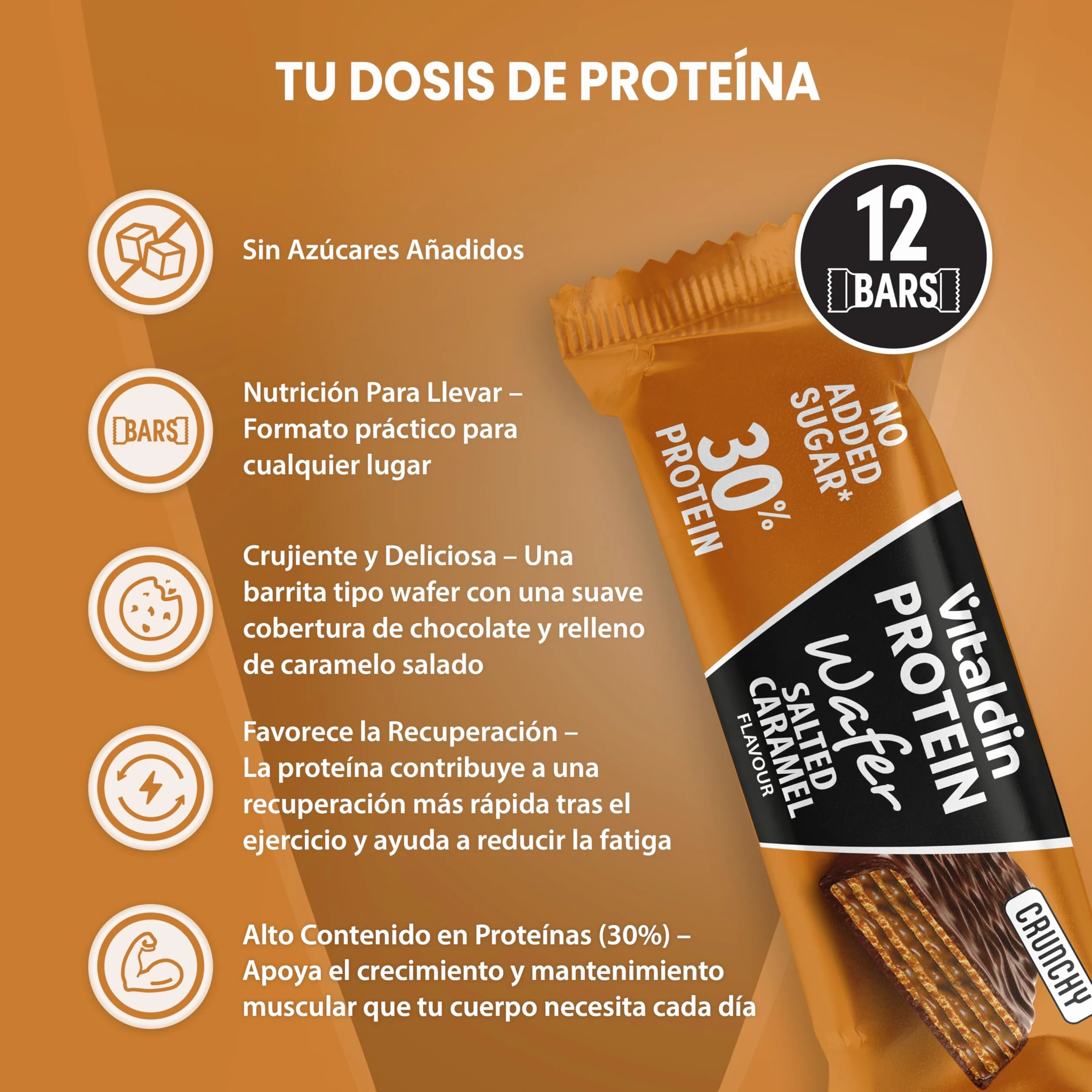 VITALDIN Protein Wafer 30% Caramelo salado Barritas Proteicas sin Azúcares Añadidos Colágeno Hidrolizado