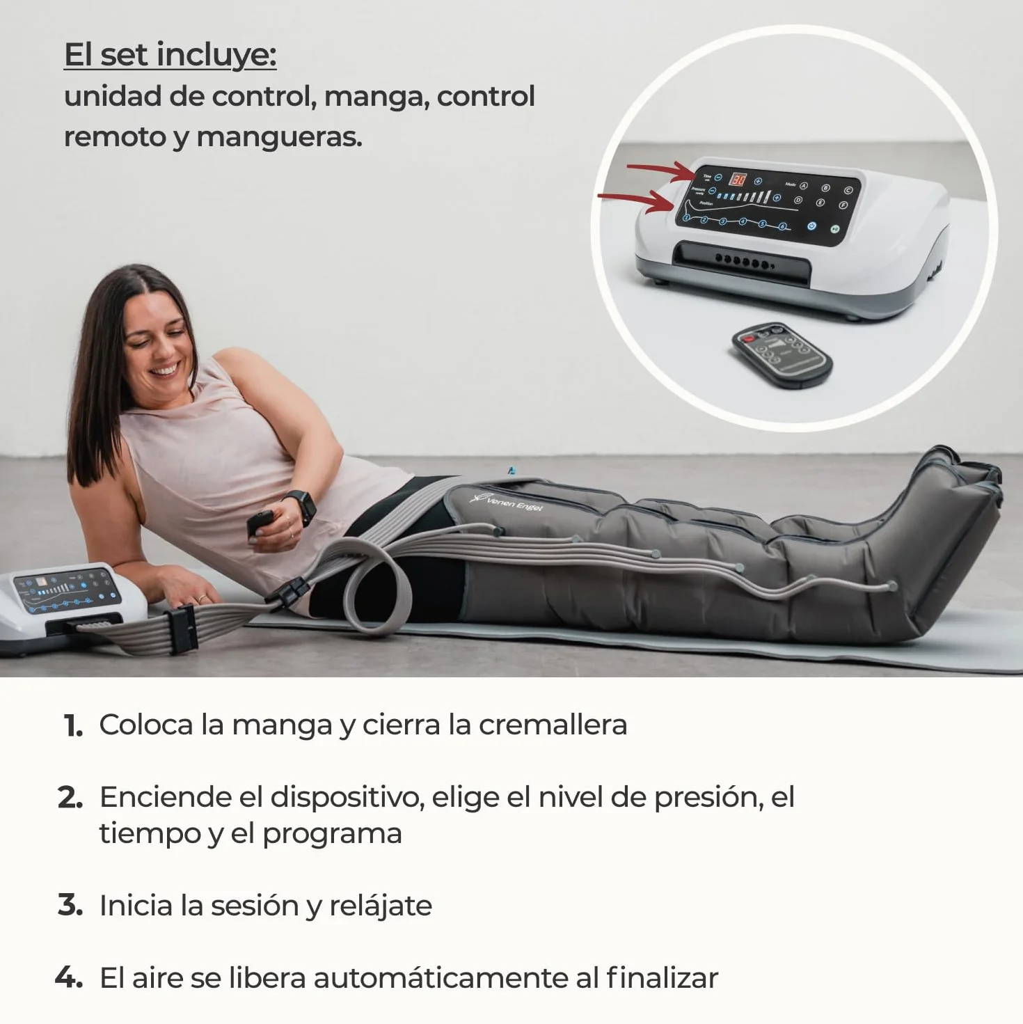 Venen Engel 6 Premium Equipo de masajes por presoterapia casa botas 6 cámaras aire desactivables presión tiempo configurable 6 programas