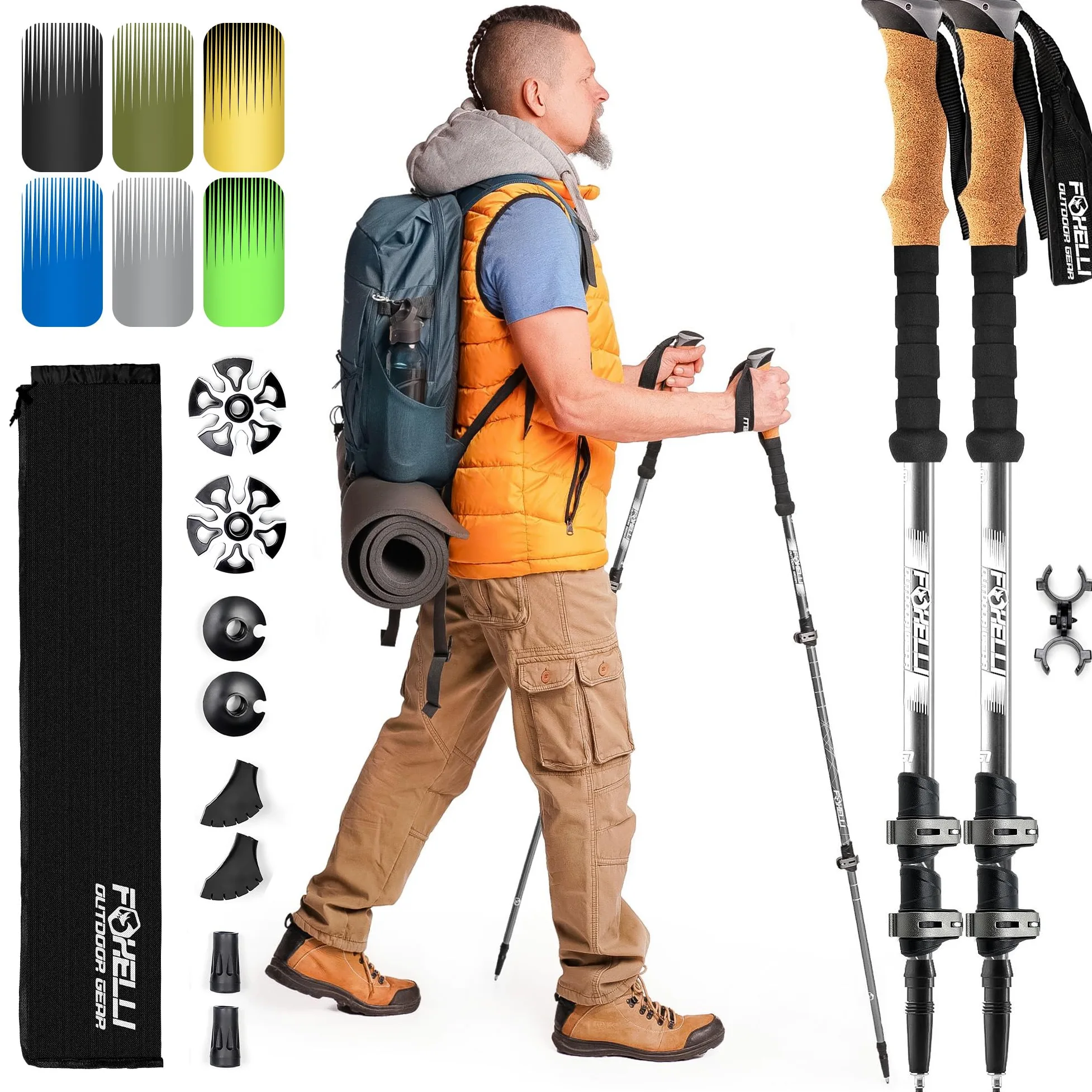 Foxelli Bastones de Trekking – Paquete de 2 Bastones de Senderismo Plegables y Ligeros, Bastones Ajustables de Aluminio aeronáutico Fuerte con agarres de Corcho Natural y Accesorios Todo Terreno para