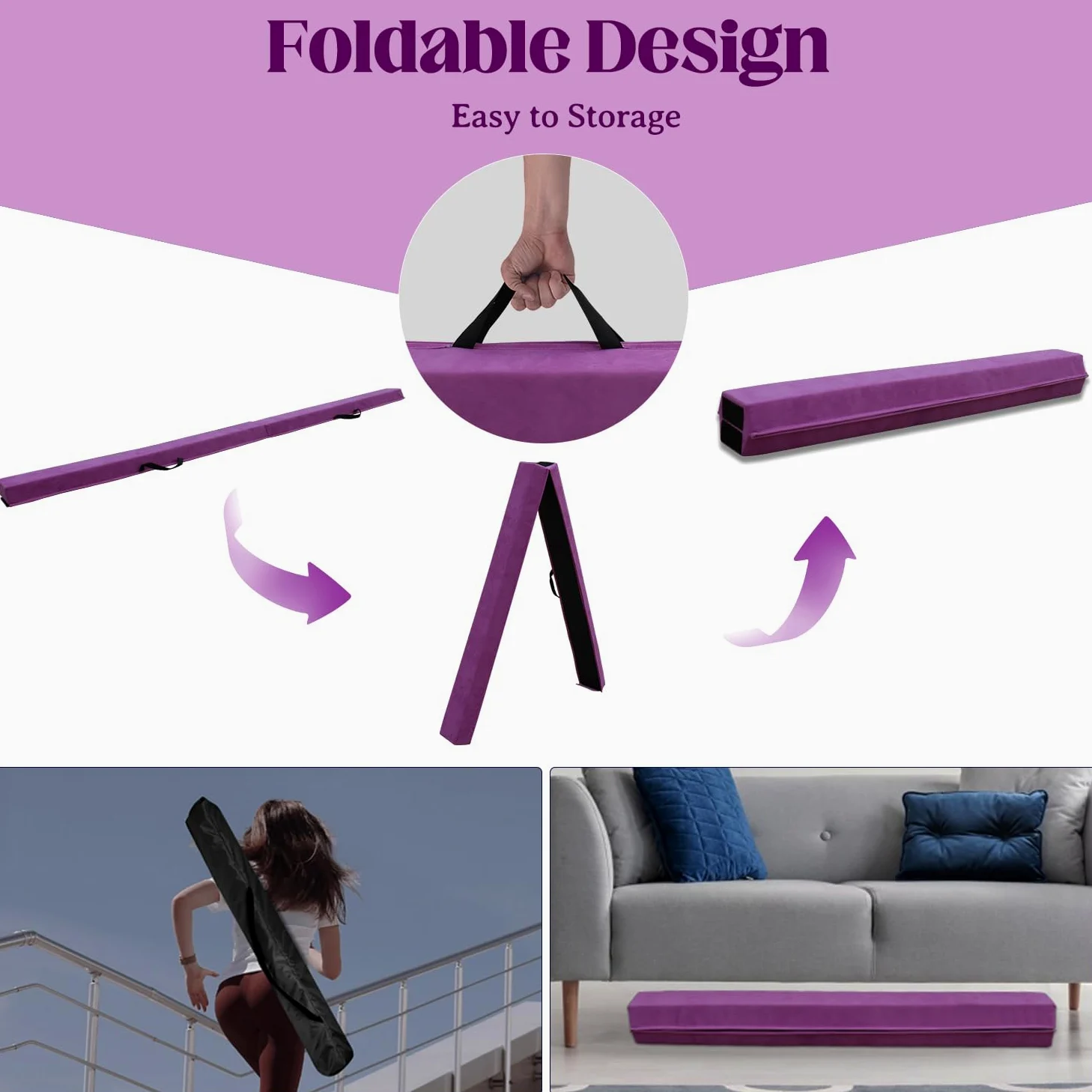 Viga de Equilibrio Gimnasia 270 cm, Barra de Gimnasia Plegable Portátil para Entrenamiento con Base de Goma Antideslizante para Niños, Principiantes y Gimnastas Profesionales