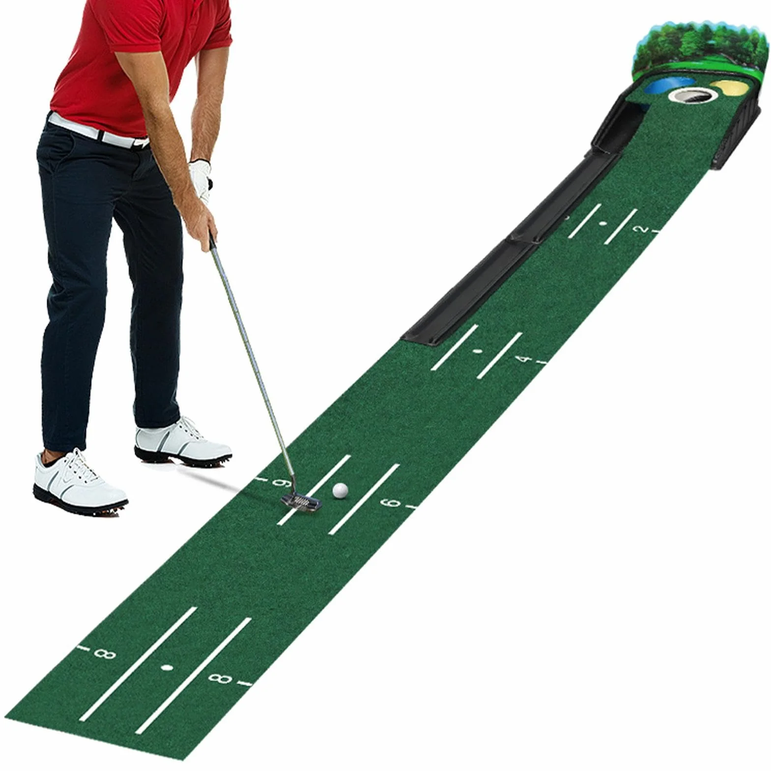 Putting Green Mat, Golf Putting Mat | Putting de golf cubierto Tech - Accesorios de golf con base de madera maciza para uso en interiores y exteriores de terciopelo con retorno automático de pelota pa