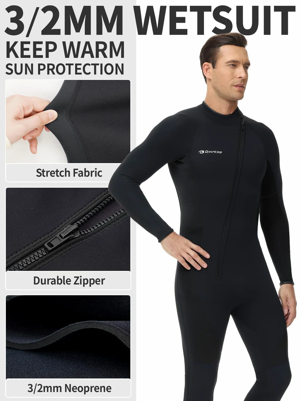 Owntop Hombres Traje de Neopreno 3/2mm - Trajes de Buceo con Cremallera Delantera, Stretch Pro Wetsuit Térmico de Longitud Completa para Surf Snorkel, Hombre Negro XXL | Traje de buceo completo Stretch Pro de neopreno térmico de longitud completa para sur