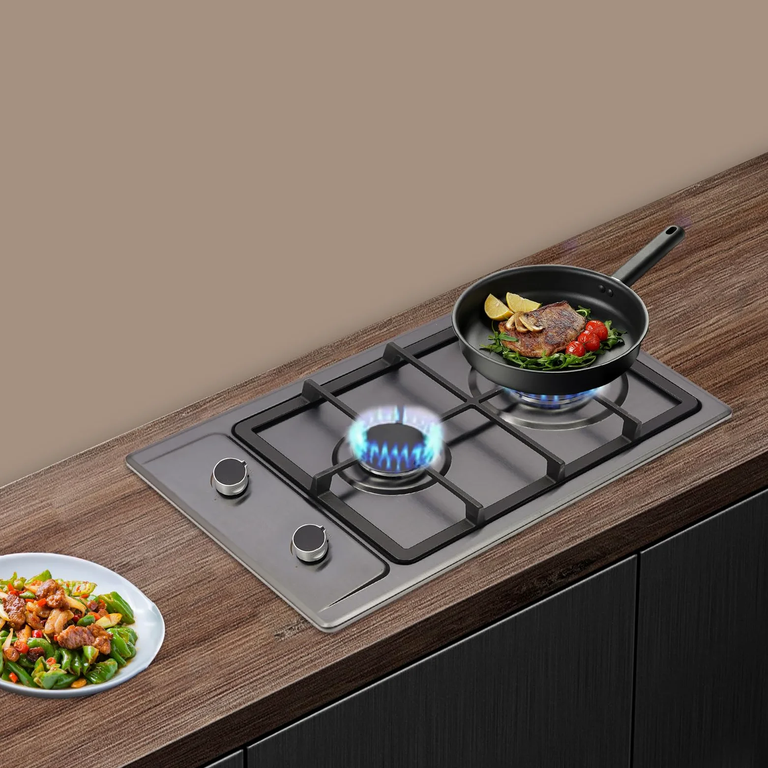 Cocina de gas para interiores, estufa de gas portátil de 2 fuegos con válvula reductora de presión, manguera de 1,5 m, placa de gas para el hogar, cocina, camping, jardín, catering, 6 kW