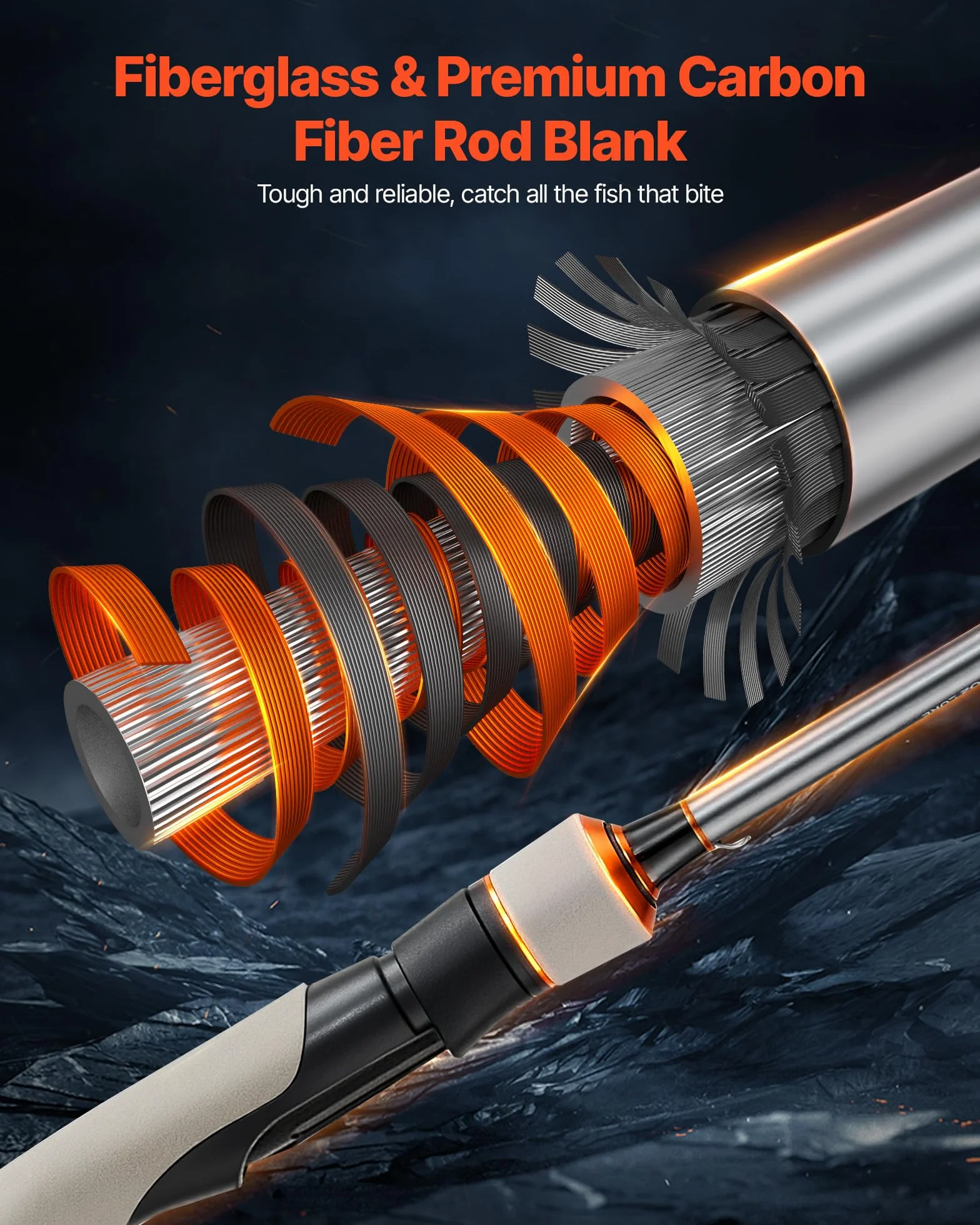 VEVOR Juego de Caña y Carrete Giratorio de Pesca, Caña de Dos Piezas de 2 m de Fibra de Vidrio y Fibra de Carbono, Rodamientos de Bolas 6+1, para Pesca en Agua Salada y Dulce, 2010 x 150 x 150 mm