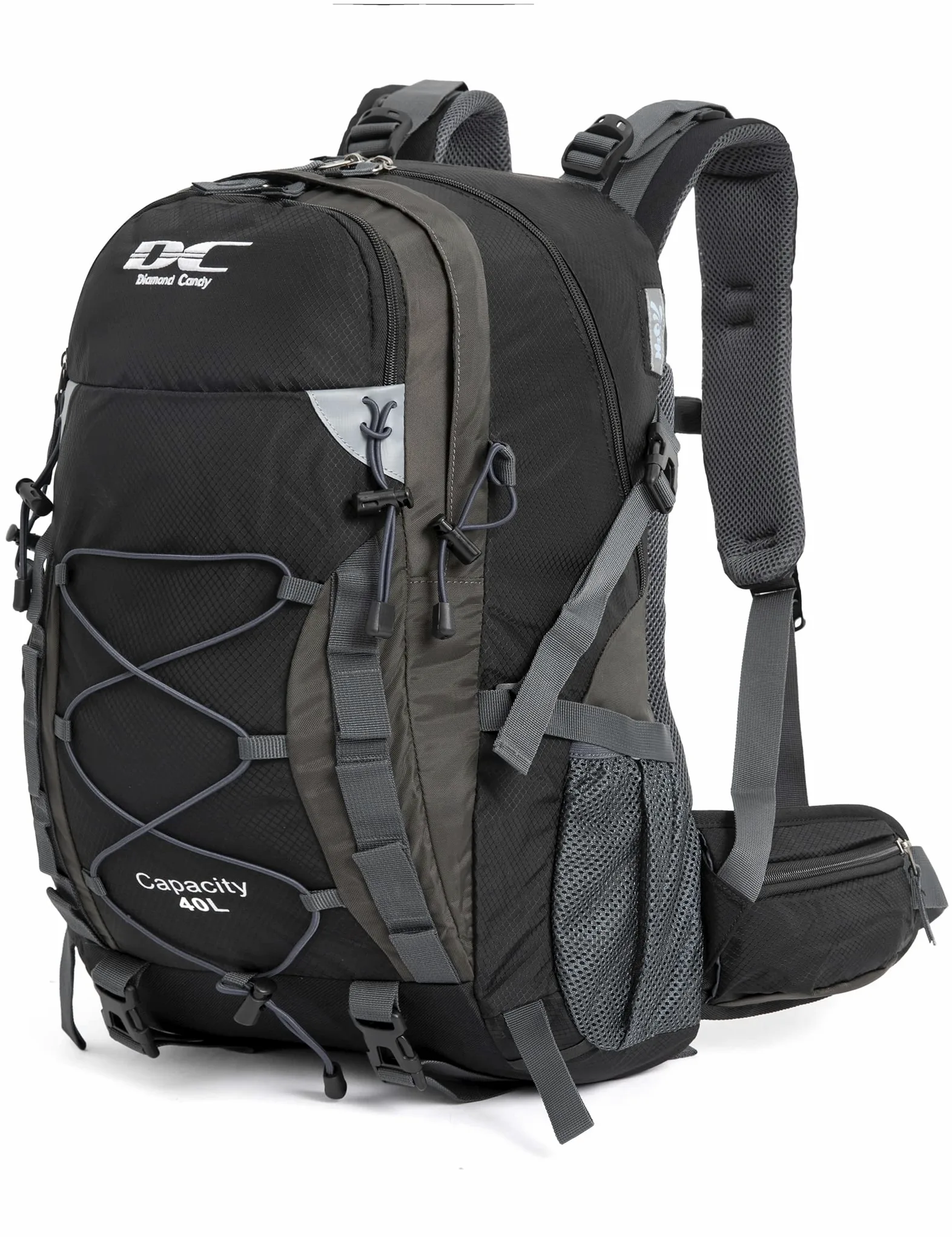 Mochila ultraligera, impermeable, ideal para senderismo, escalada, actividades en exteriores, viaje a bicicleta, montar a caballo y viajar, capacidad: 40 l, diseño Diamond Candy, color negro, tamaño Talla única | Gran capacidad, camping y viajes, parte tr