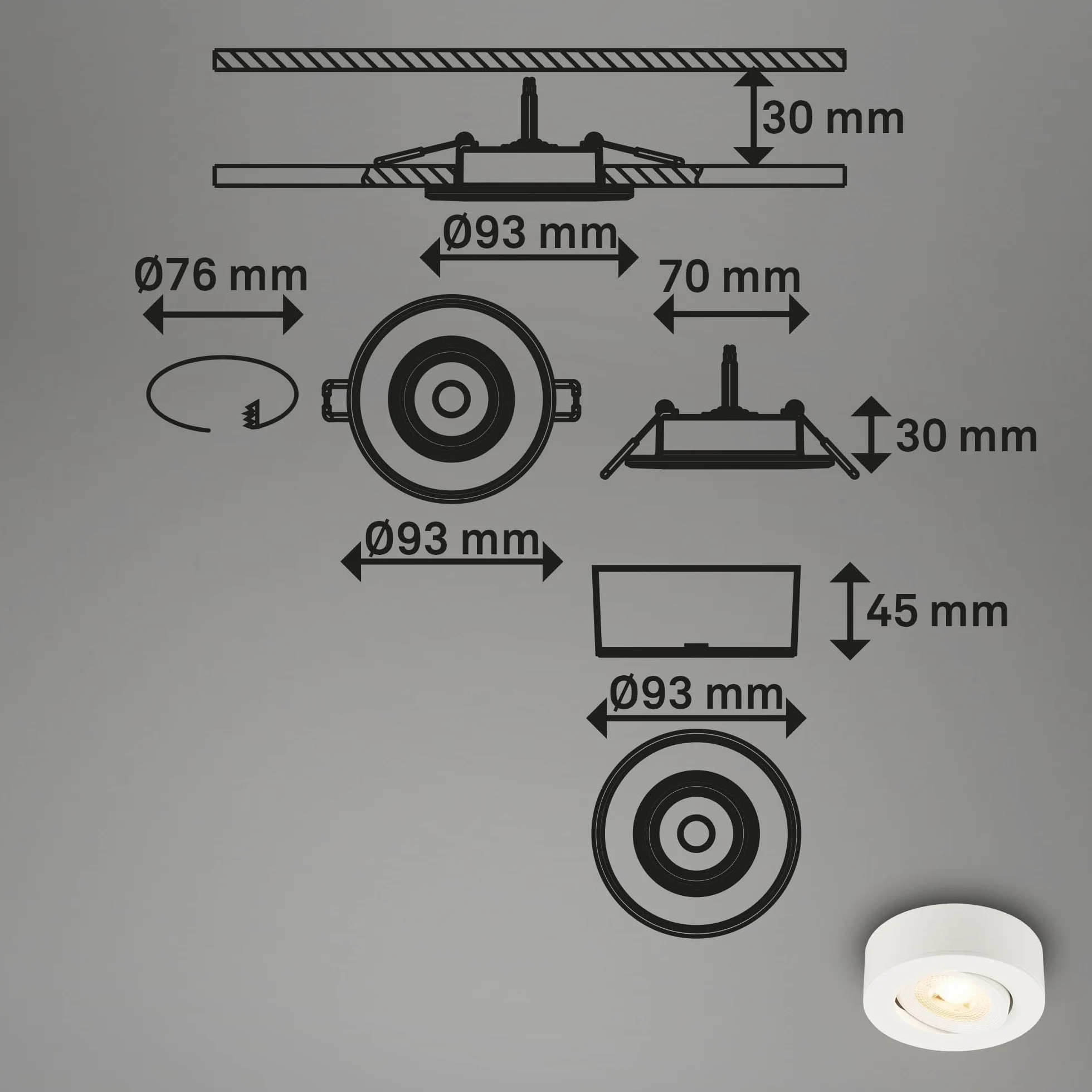 BRILONER 2 en 1 Foco LED de Superficie y Empotrable Orientable 230V Blanco Cálido 68mm Agujero 90x30mm